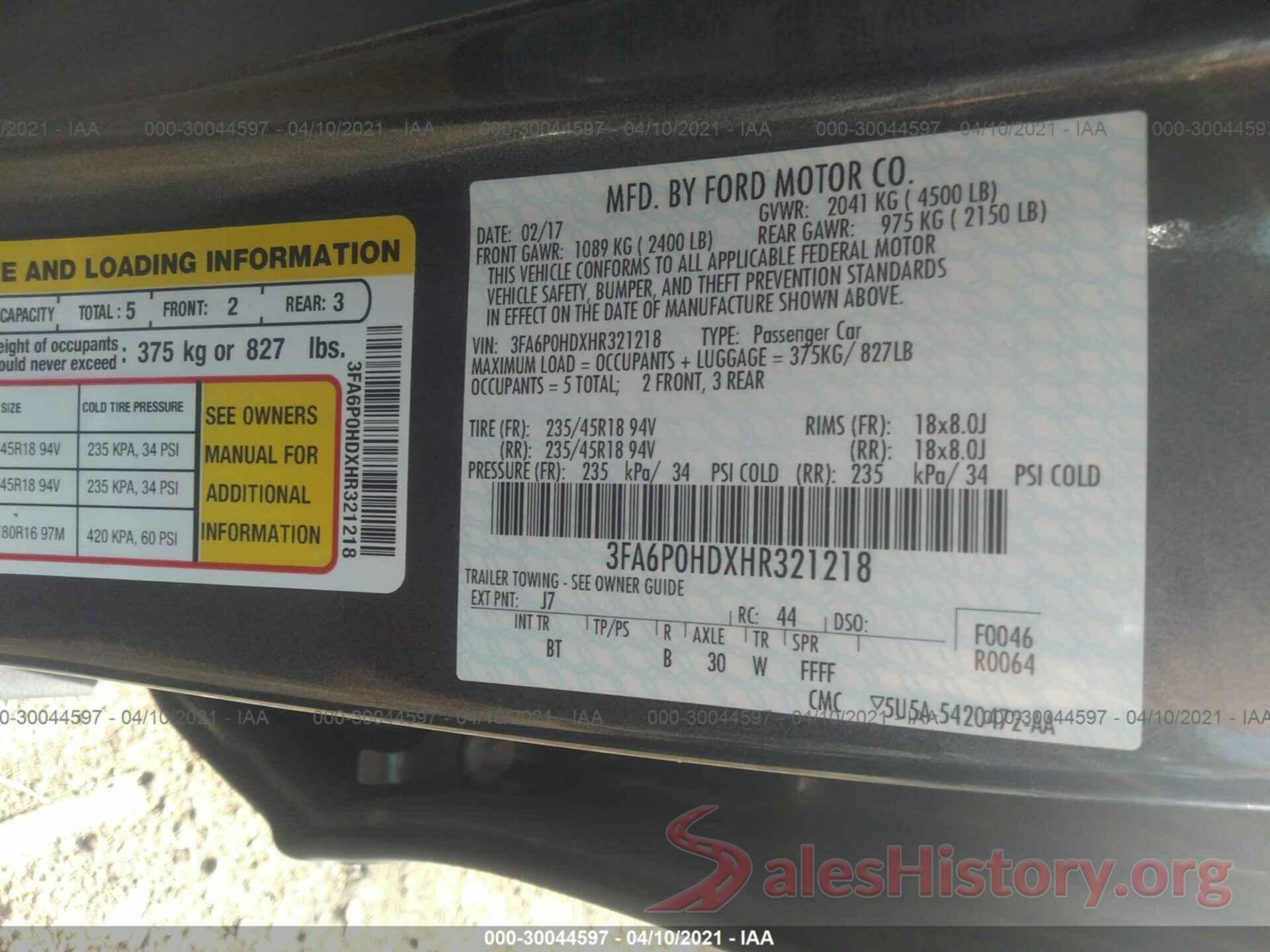 3FA6P0HDXHR321218 2017 FORD FUSION