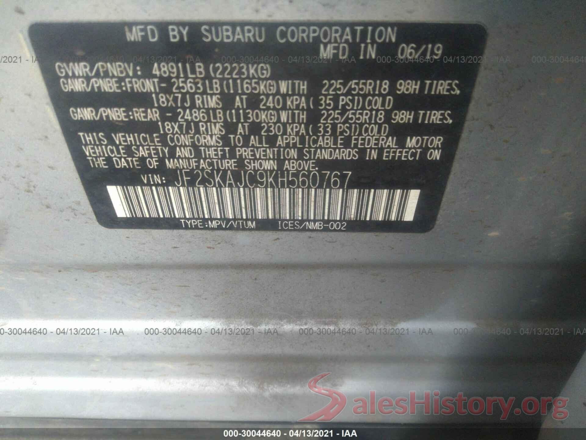 JF2SKAJC9KH560767 2019 SUBARU FORESTER