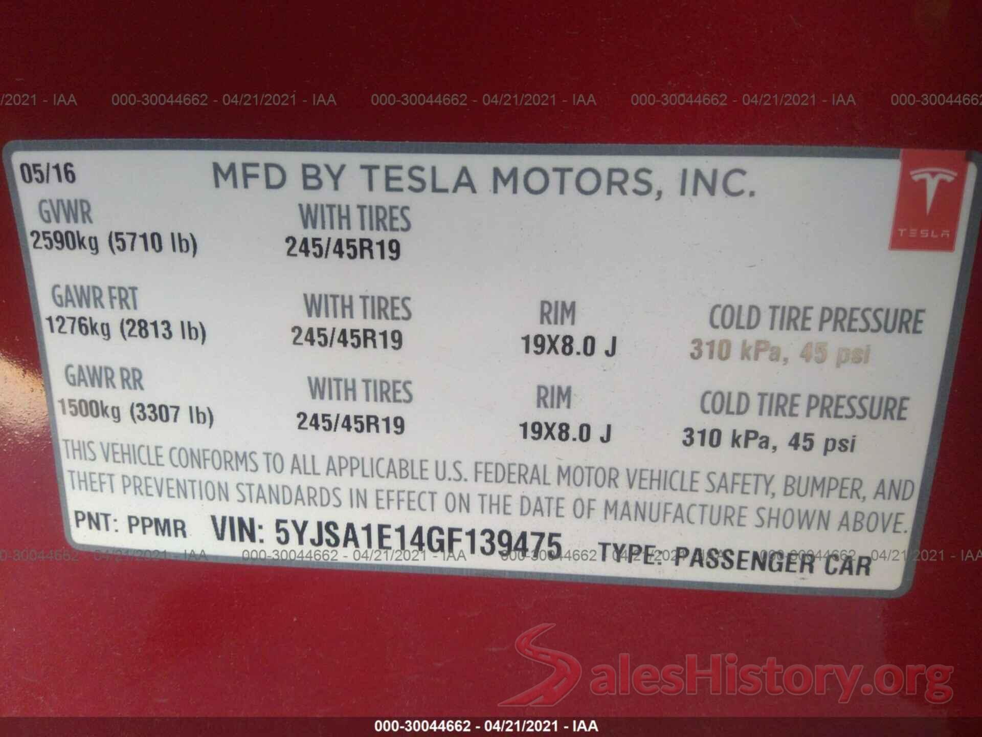 5YJSA1E14GF139475 2016 TESLA MODEL S