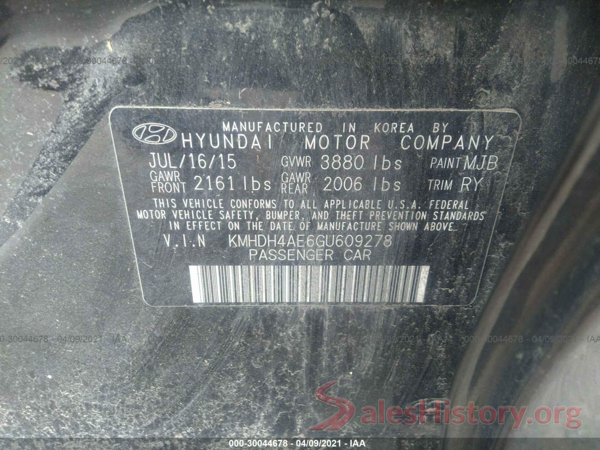 KMHDH4AE6GU609278 2016 HYUNDAI ELANTRA