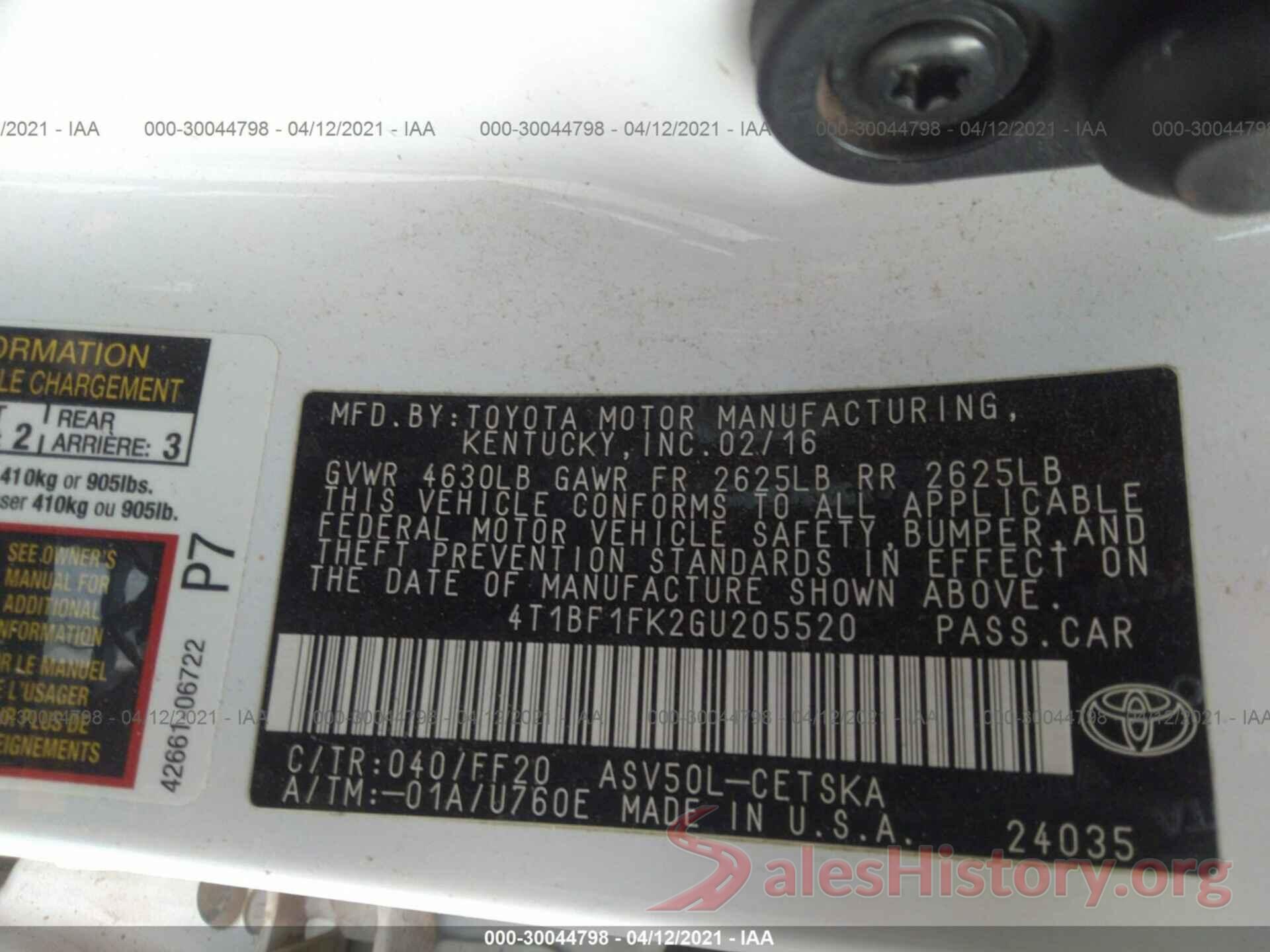 4T1BF1FK2GU205520 2016 TOYOTA CAMRY