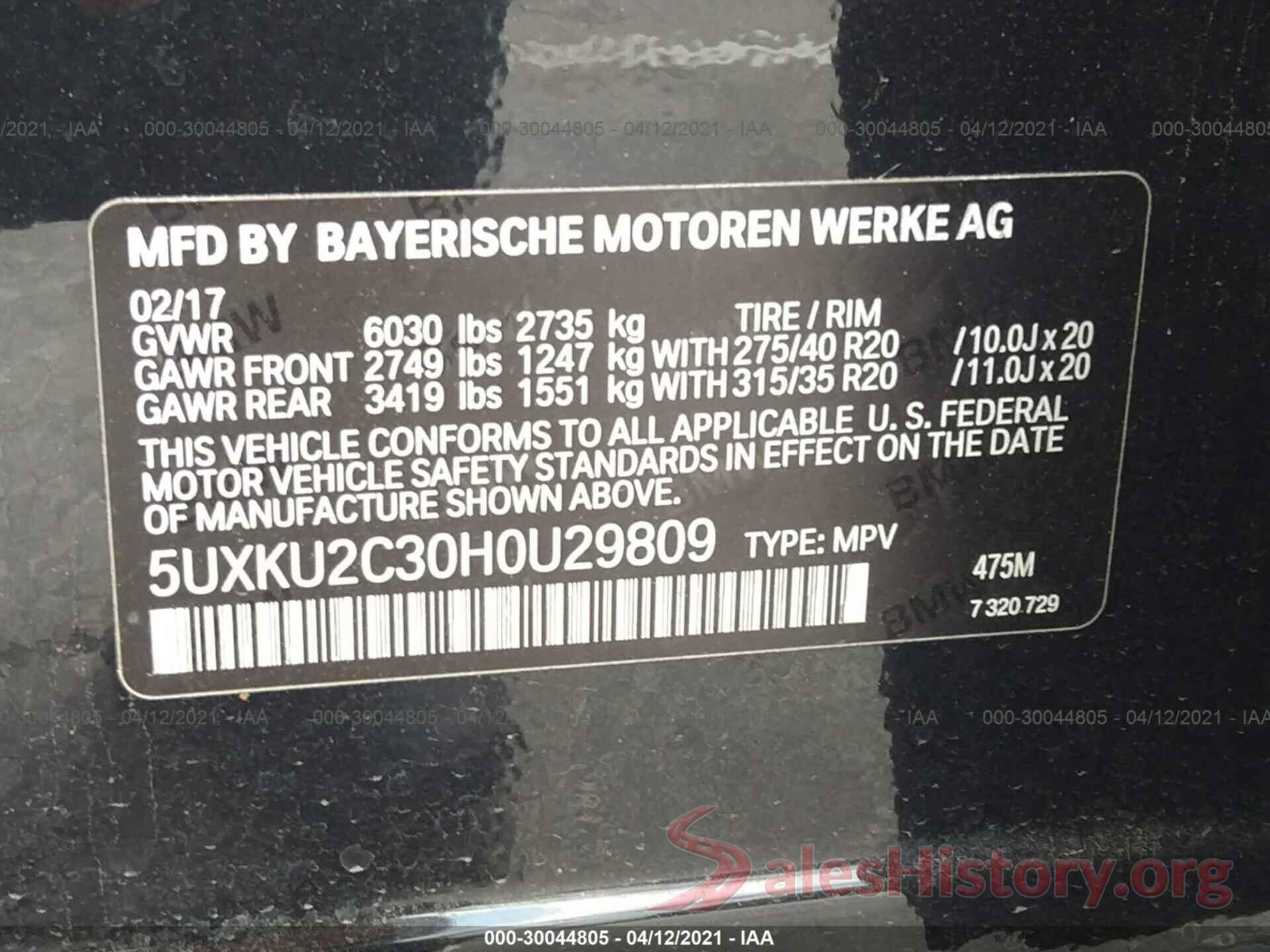 5UXKU2C30H0U29809 2017 BMW X6