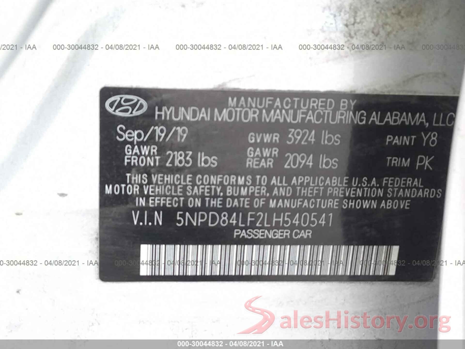 5NPD84LF2LH540541 2020 HYUNDAI ELANTRA