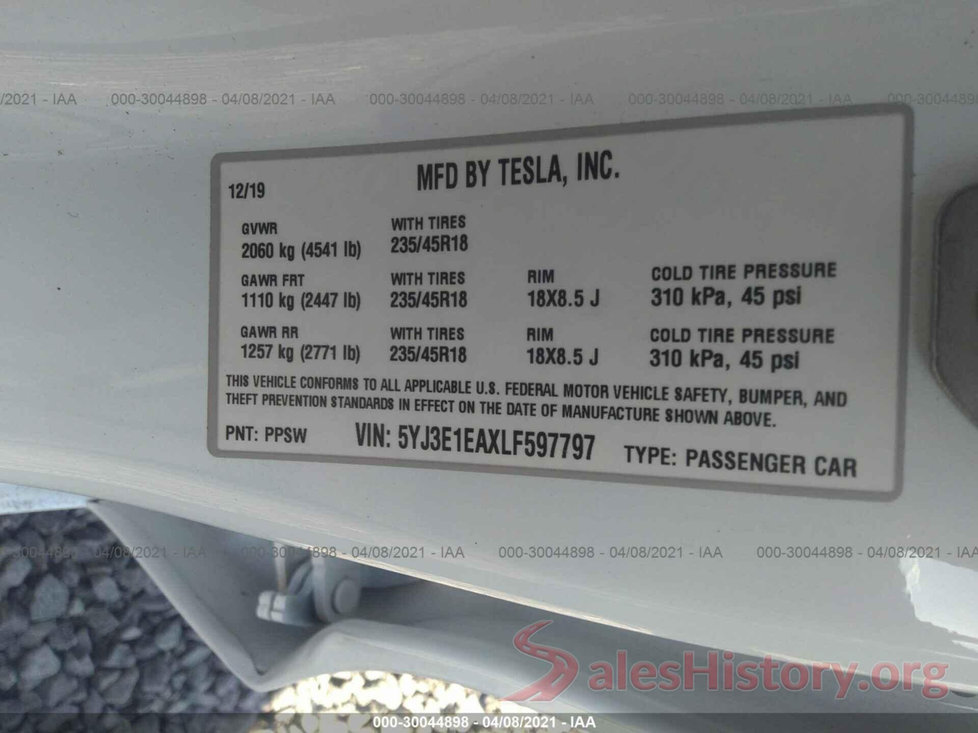 5YJ3E1EAXLF597797 2020 TESLA MODEL 3