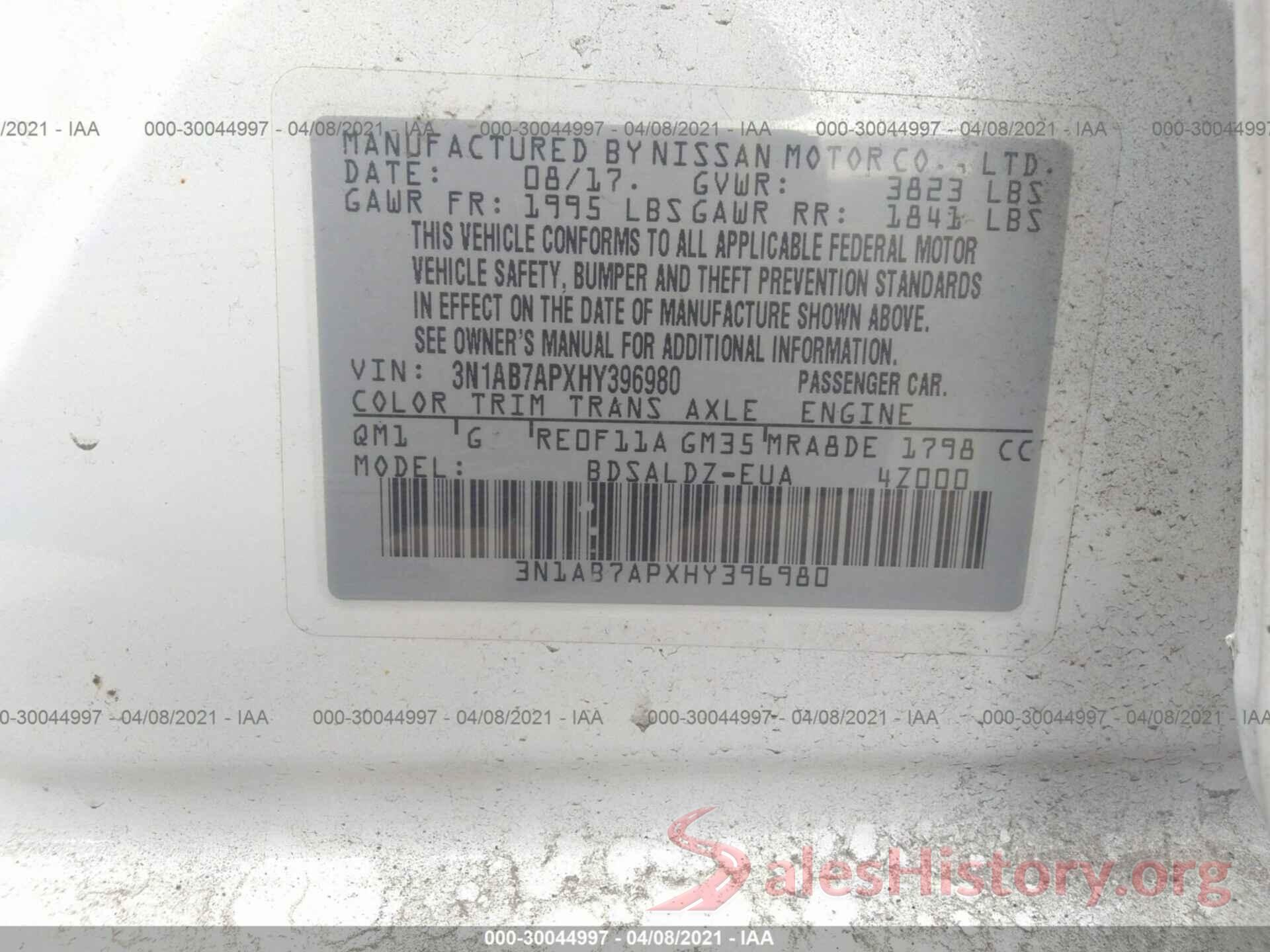 3N1AB7APXHY396980 2017 NISSAN SENTRA