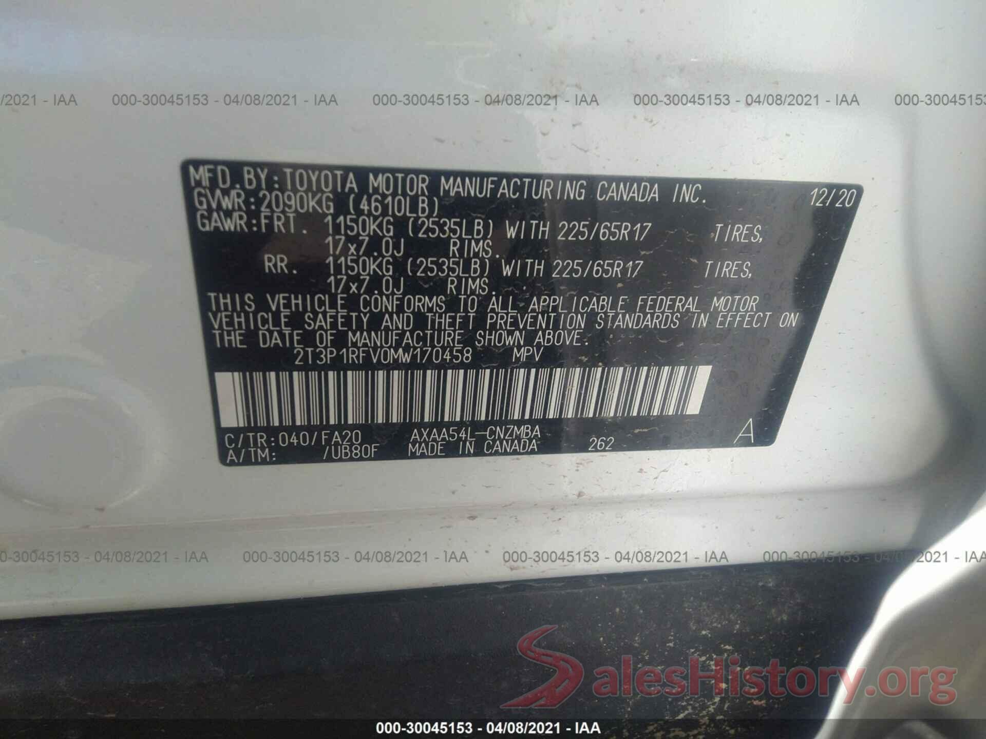 2T3P1RFV0MW170458 2021 TOYOTA RAV4