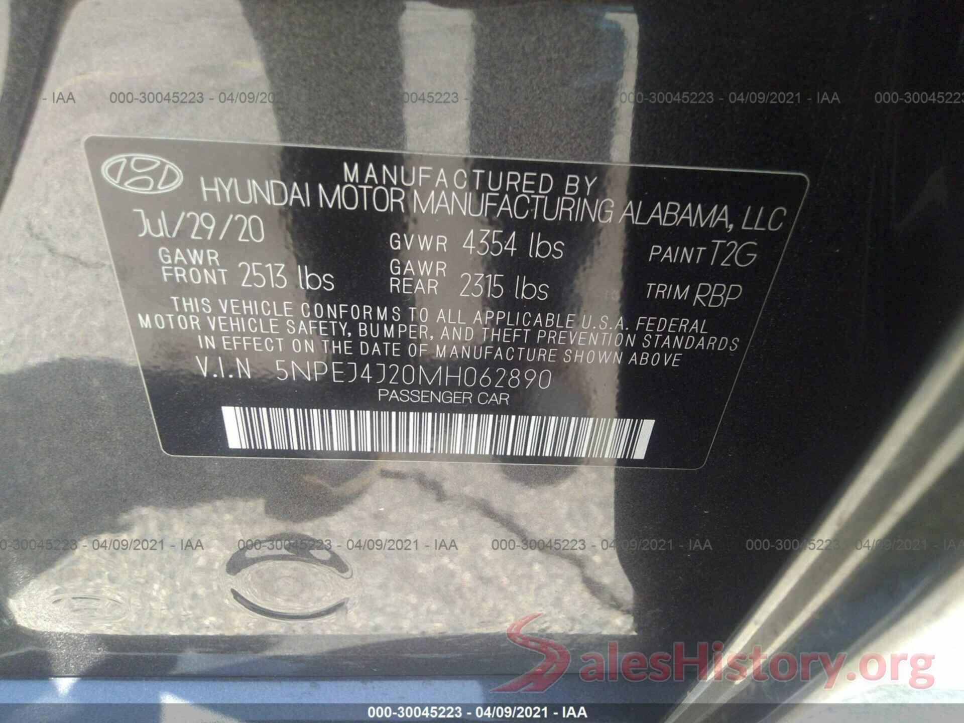 5NPEJ4J20MH062890 2021 HYUNDAI SONATA