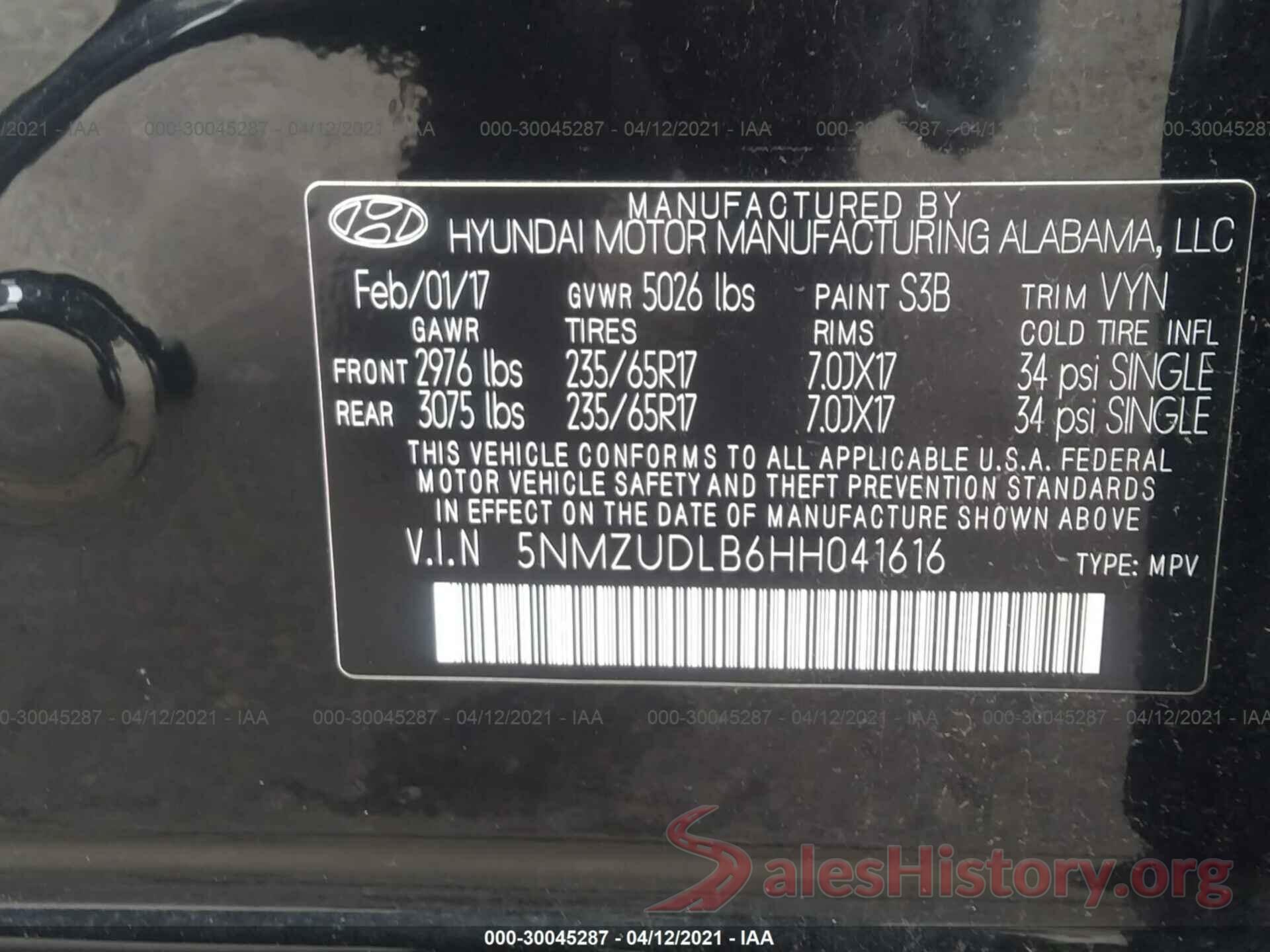 5NMZUDLB6HH041616 2017 HYUNDAI SANTA FE SPORT