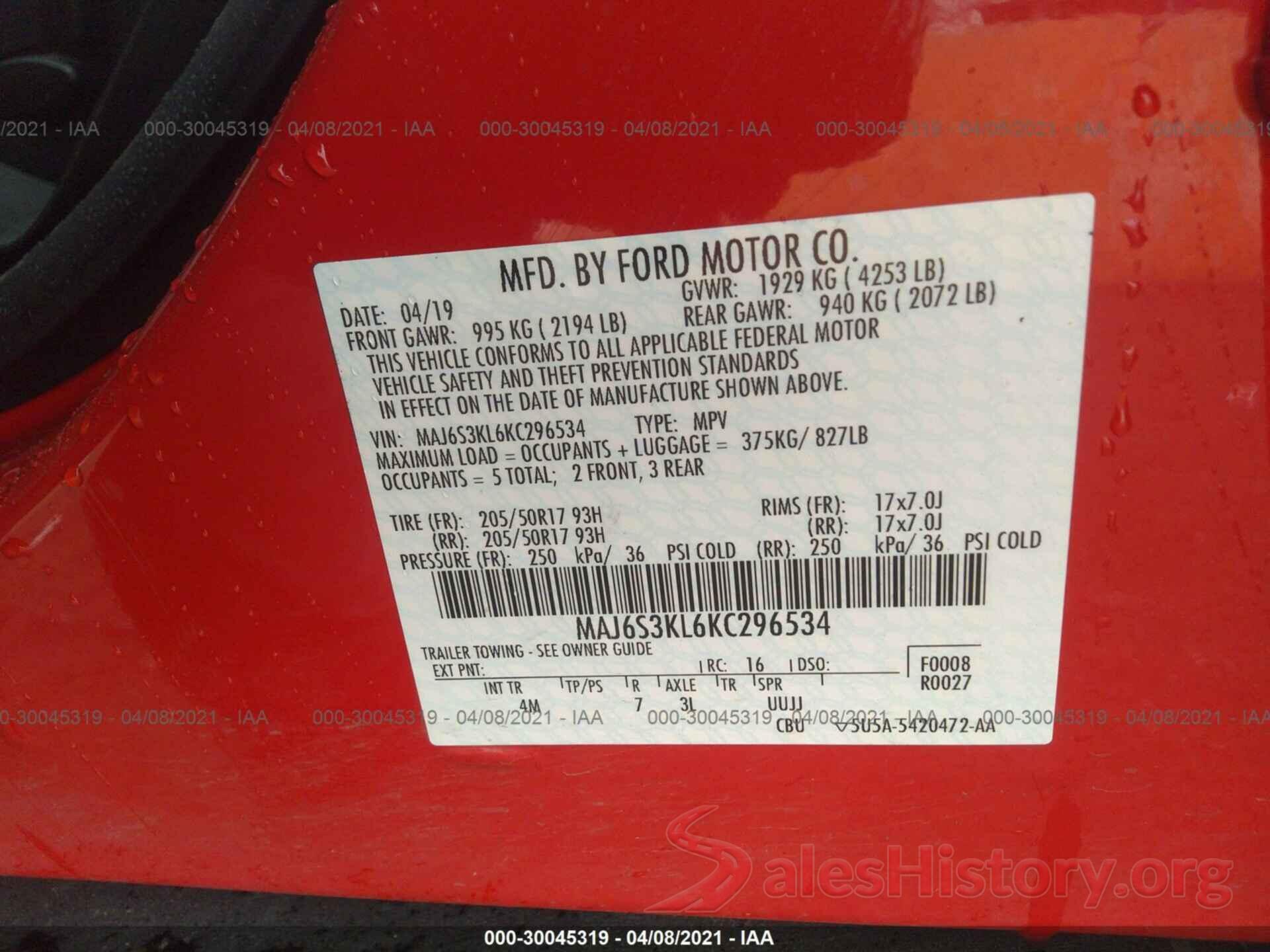 MAJ6S3KL6KC296534 2019 FORD ECOSPORT