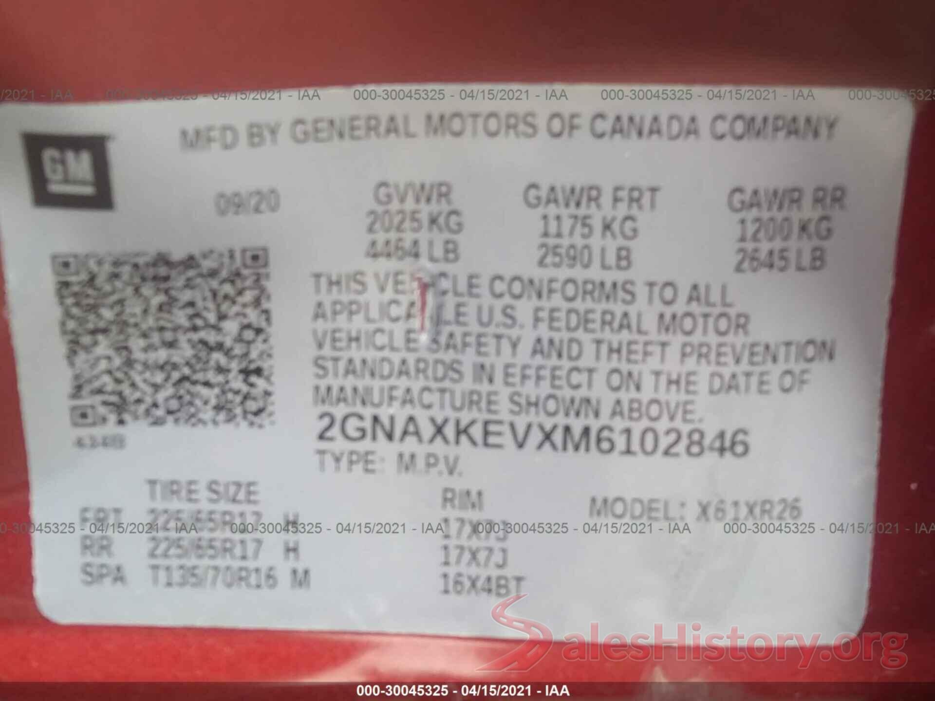 2GNAXKEVXM6102846 2021 CHEVROLET EQUINOX