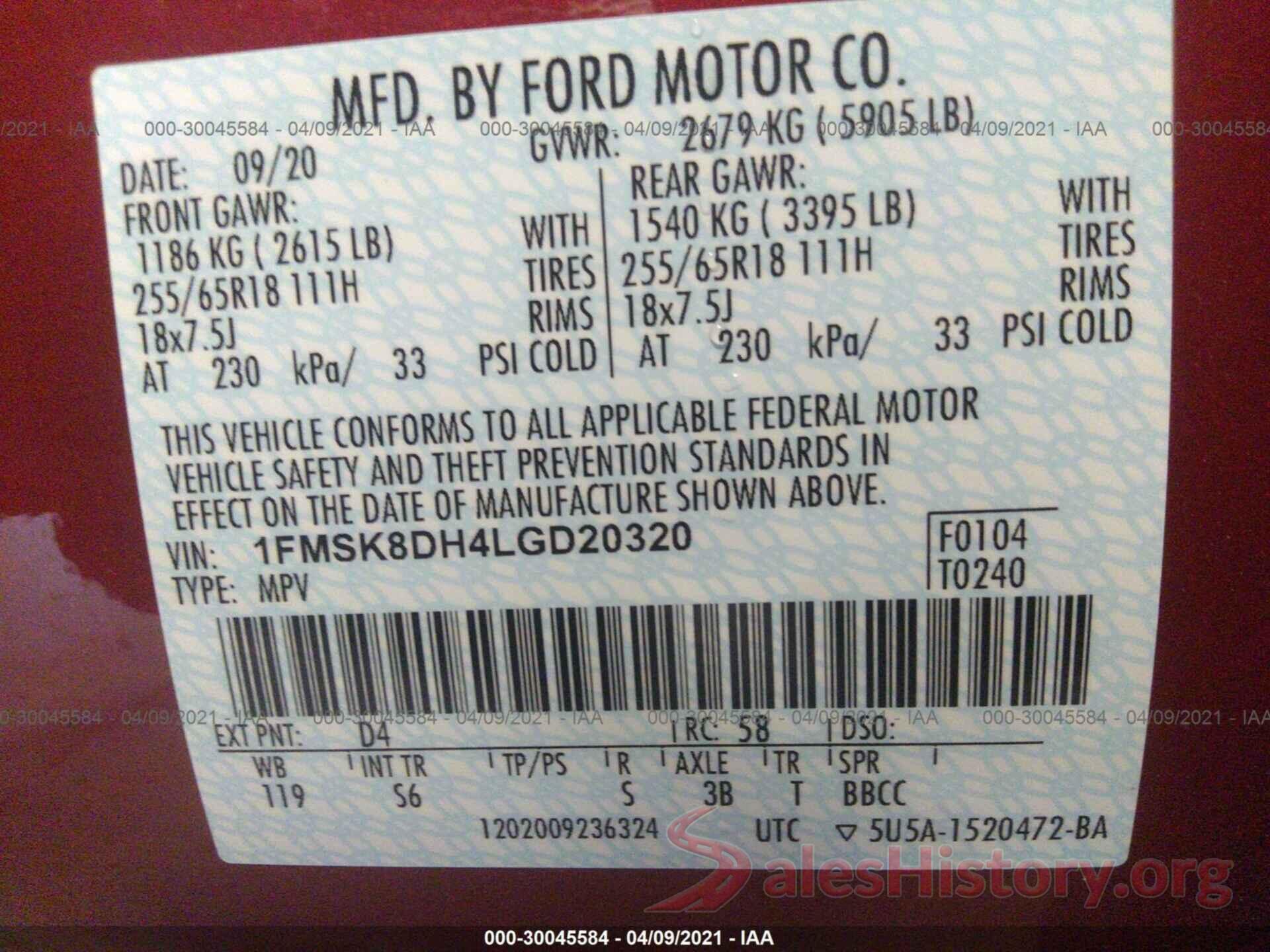 1FMSK8DH4LGD20320 2020 FORD EXPLORER