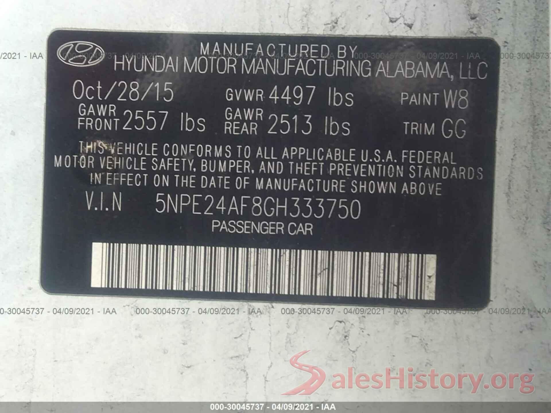 5NPE24AF8GH333750 2016 HYUNDAI SONATA