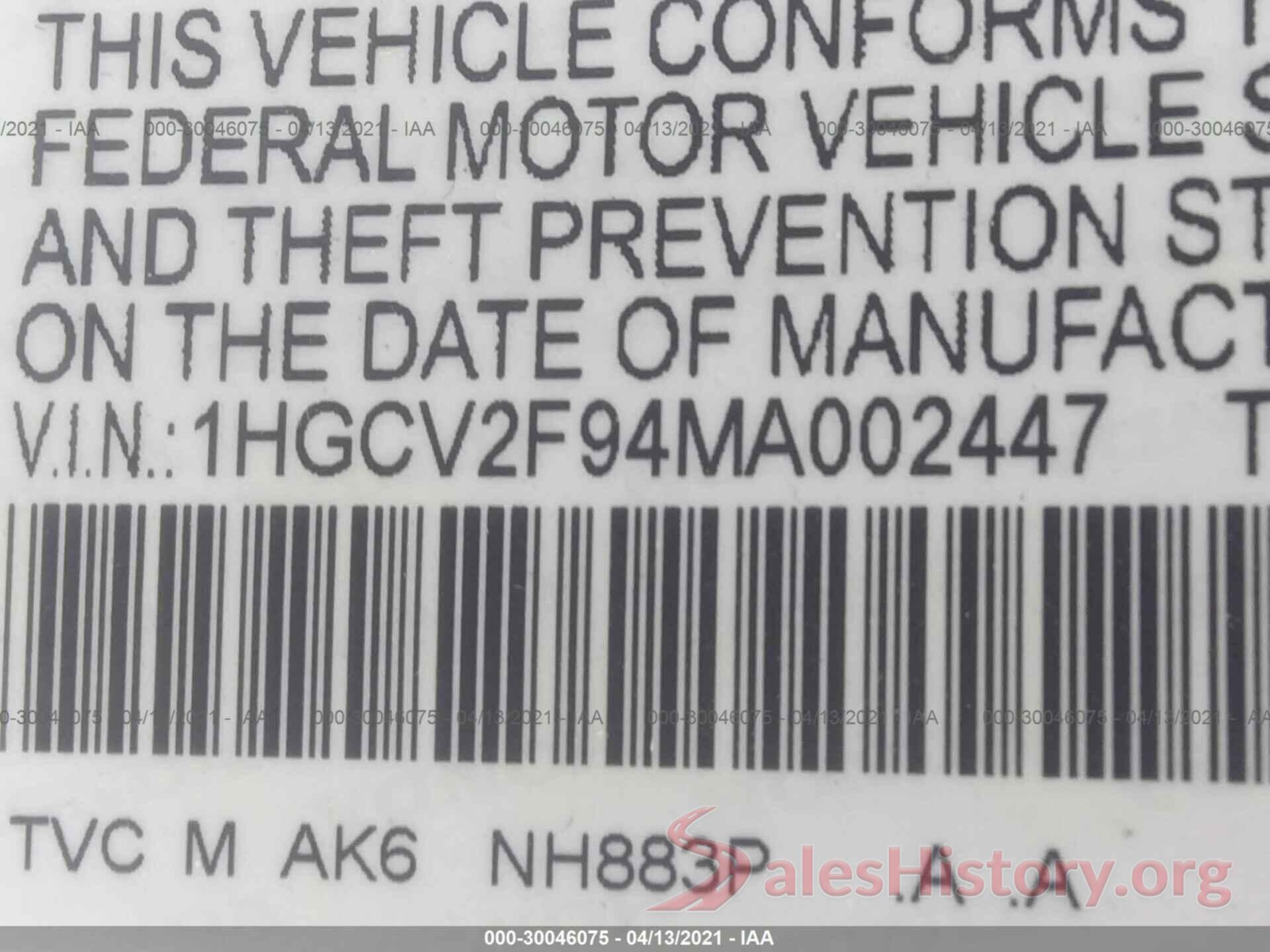 1HGCV2F94MA002447 2021 HONDA ACCORD SEDAN