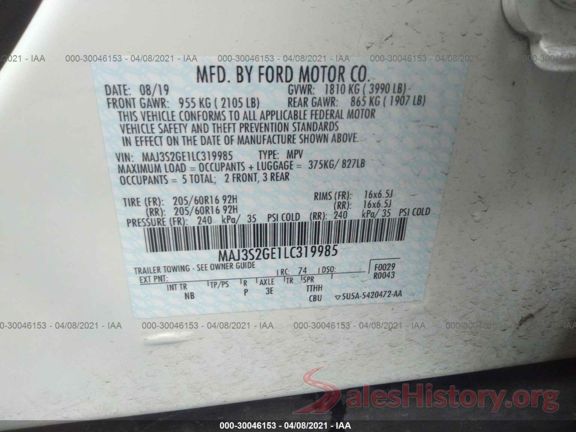 MAJ3S2GE1LC319985 2020 FORD ECOSPORT