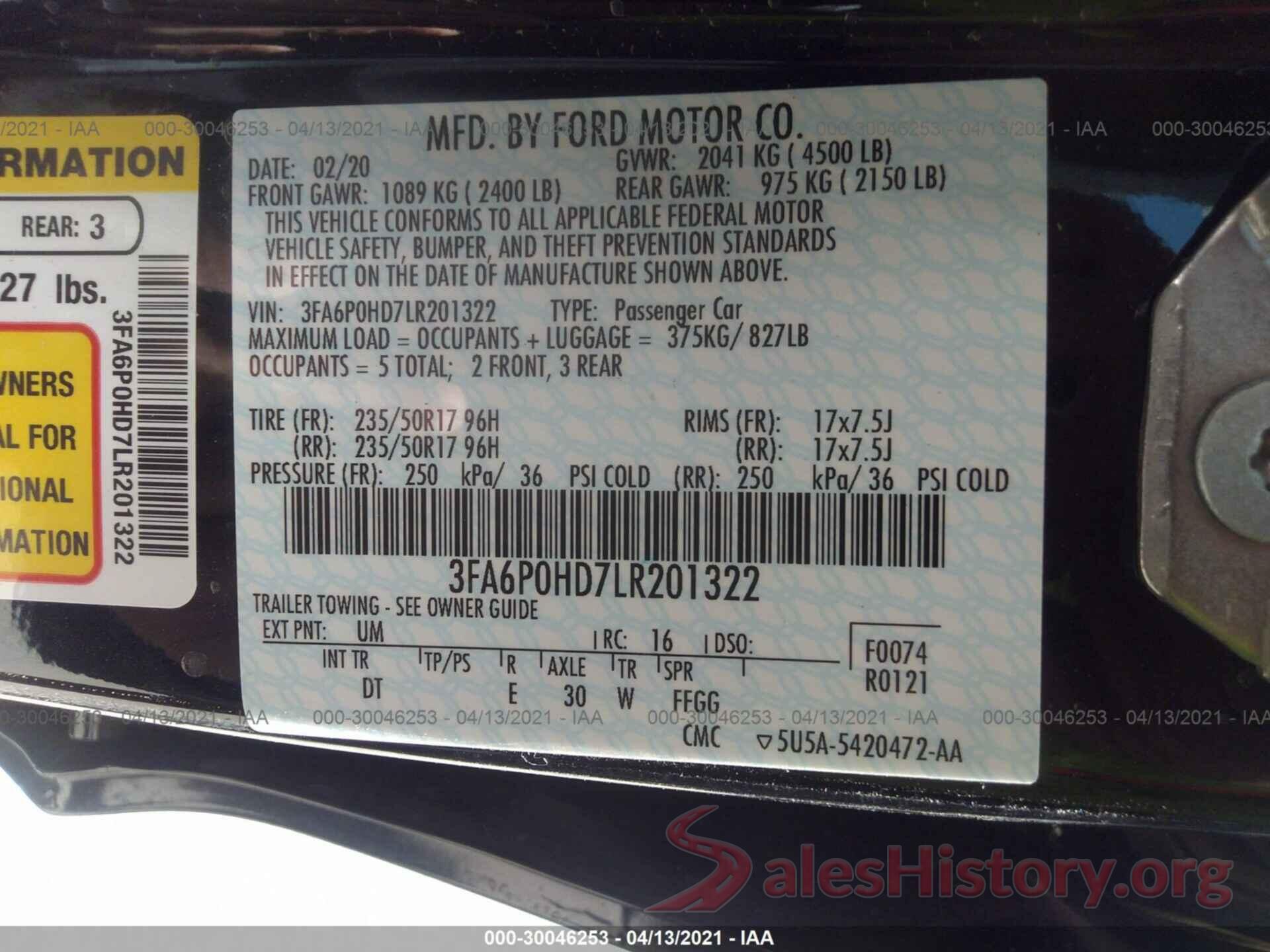 3FA6P0HD7LR201322 2020 FORD FUSION