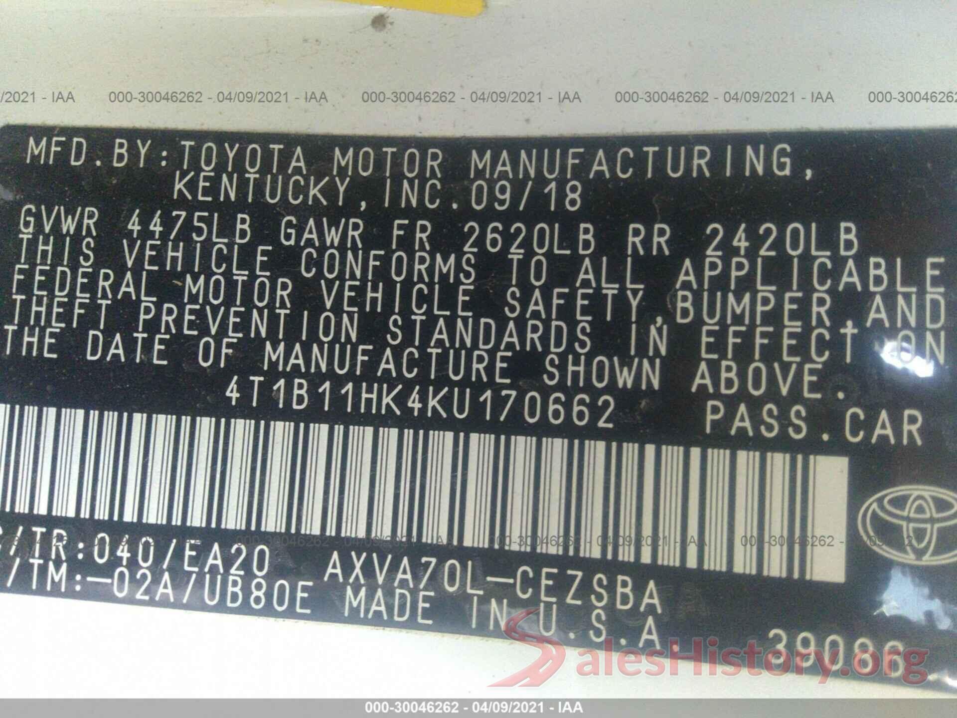 4T1B11HK4KU170662 2019 TOYOTA CAMRY