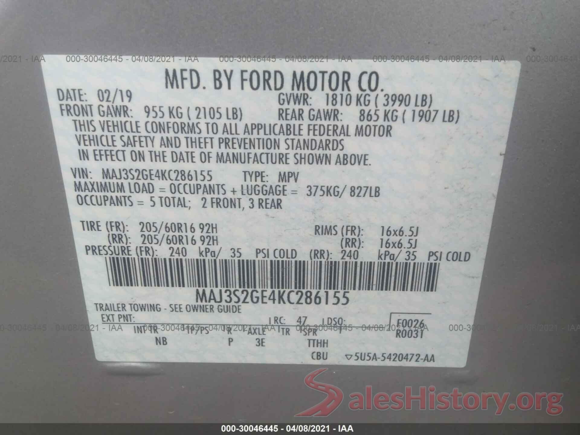 MAJ3S2GE4KC286155 2019 FORD ECOSPORT