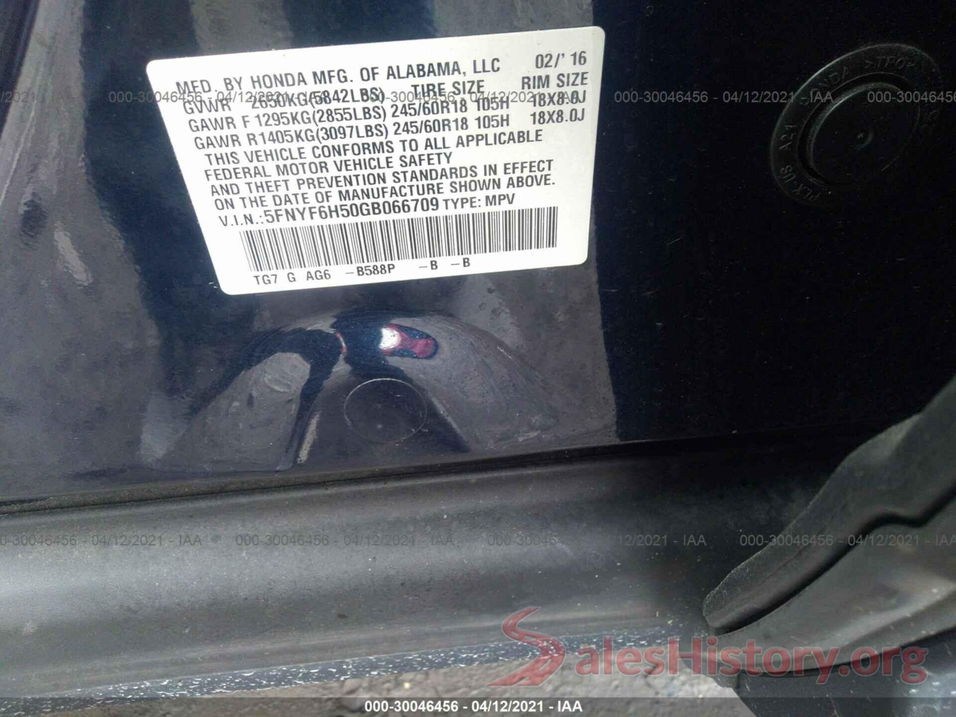 5FNYF6H50GB066709 2016 HONDA PILOT