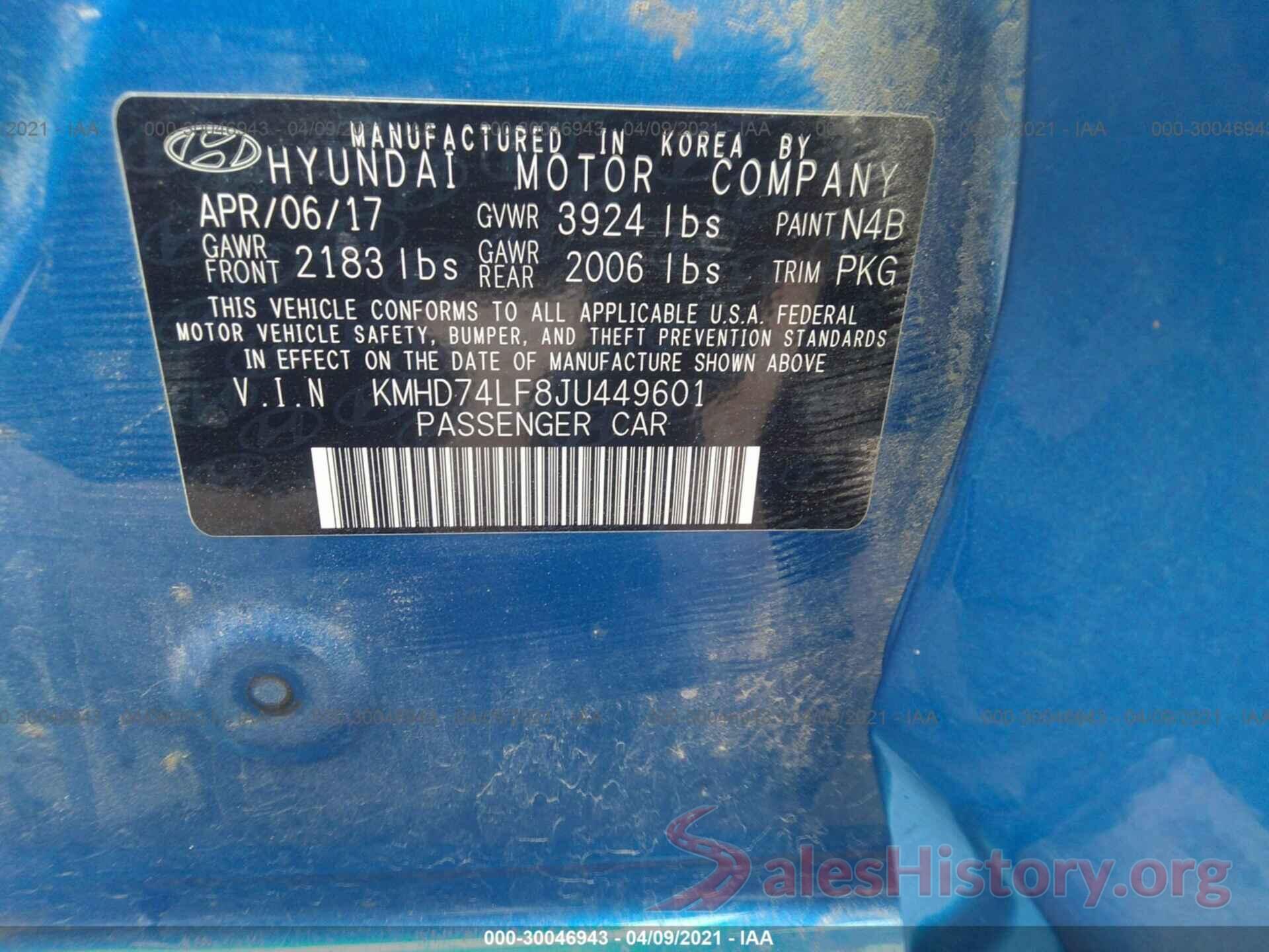 KMHD74LF8JU449601 2018 HYUNDAI ELANTRA