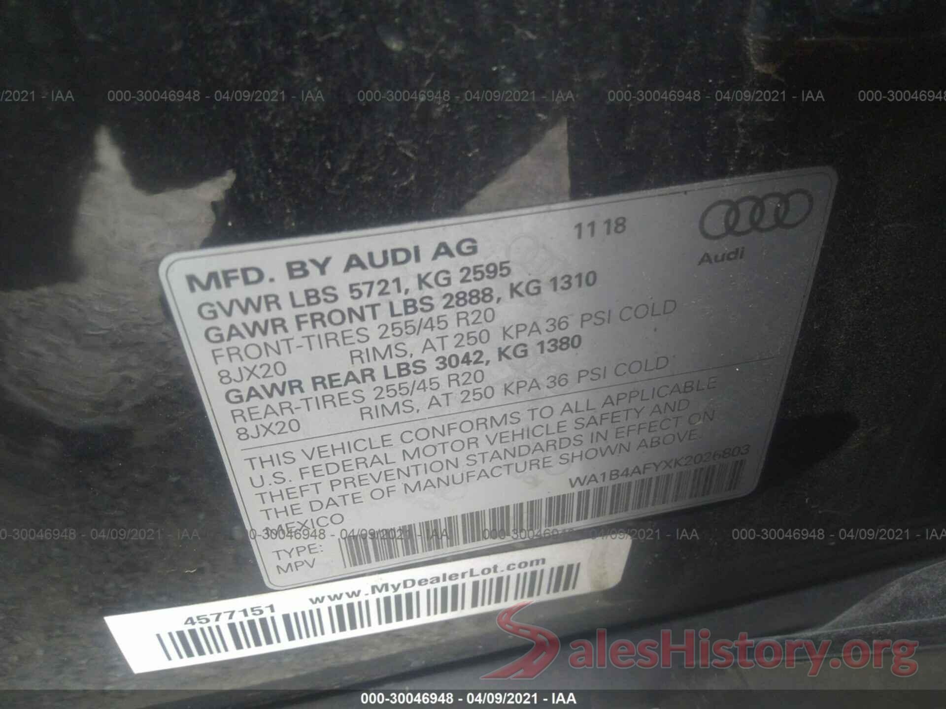 WA1B4AFYXK2026803 2019 AUDI SQ5