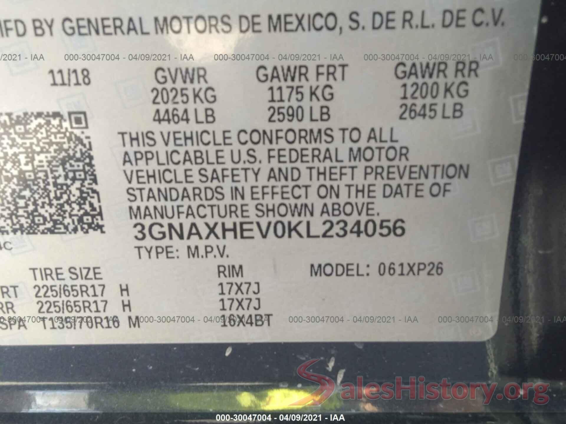 3GNAXHEV0KL234056 2019 CHEVROLET EQUINOX