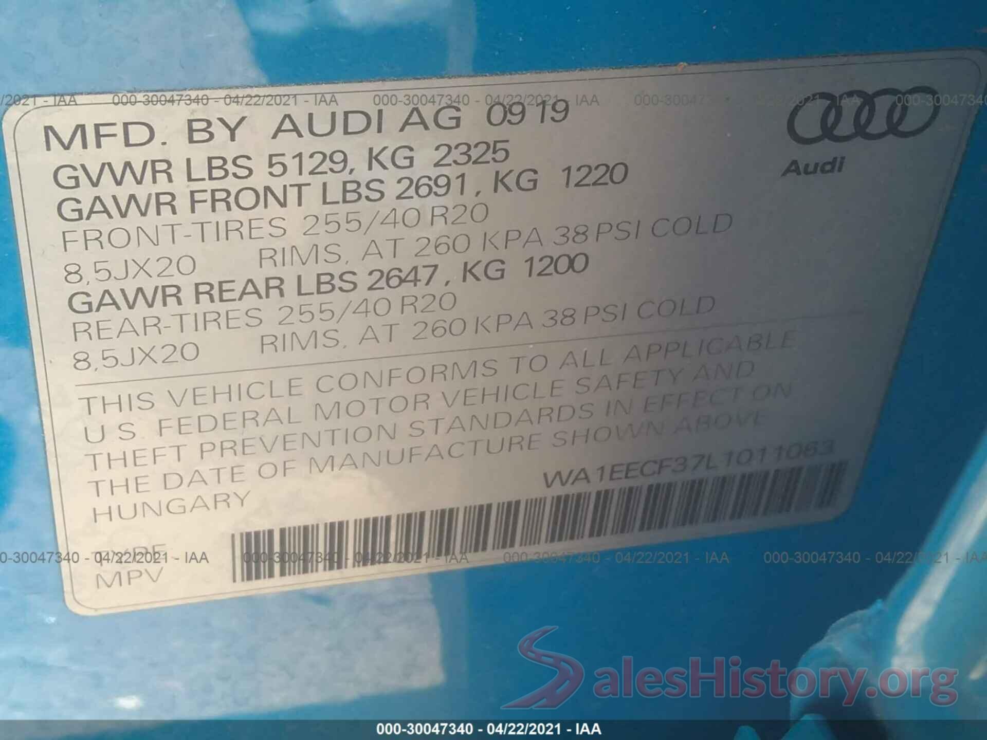 WA1EECF37L1011063 2020 AUDI Q3