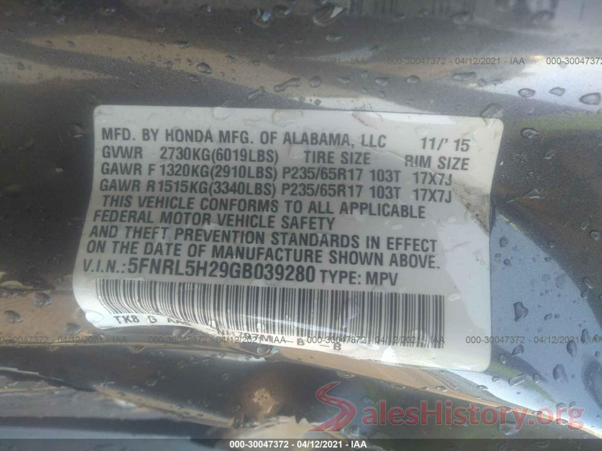 5FNRL5H29GB039280 2016 HONDA ODYSSEY