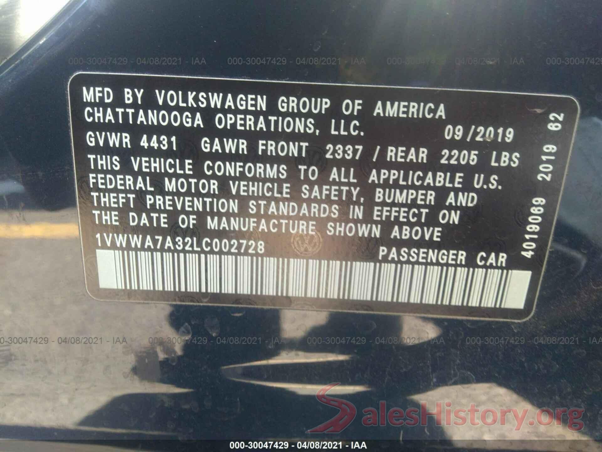 1VWWA7A32LC002728 2020 VOLKSWAGEN PASSAT