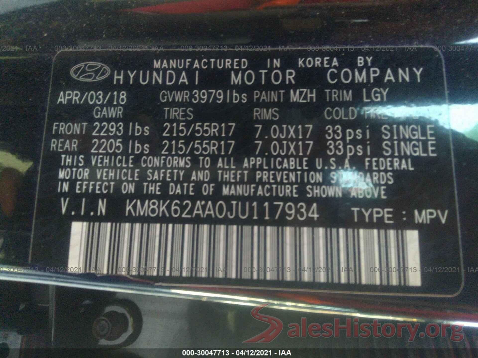 KM8K62AA0JU117934 2018 HYUNDAI KONA