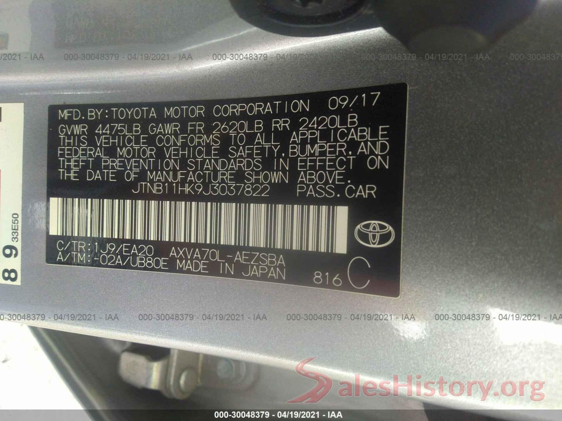 JTNB11HK9J3037822 2018 TOYOTA CAMRY