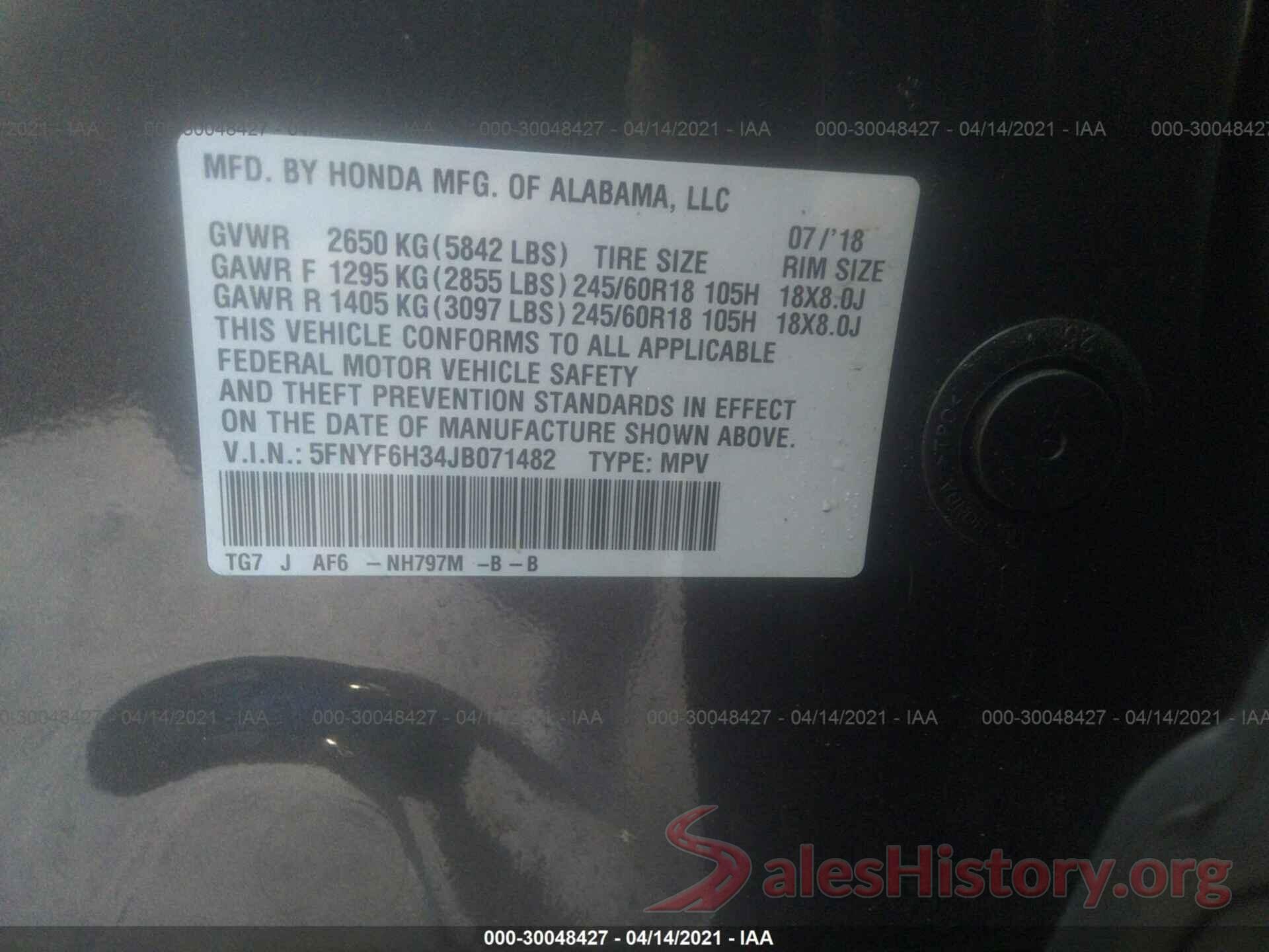 5FNYF6H34JB071482 2018 HONDA PILOT