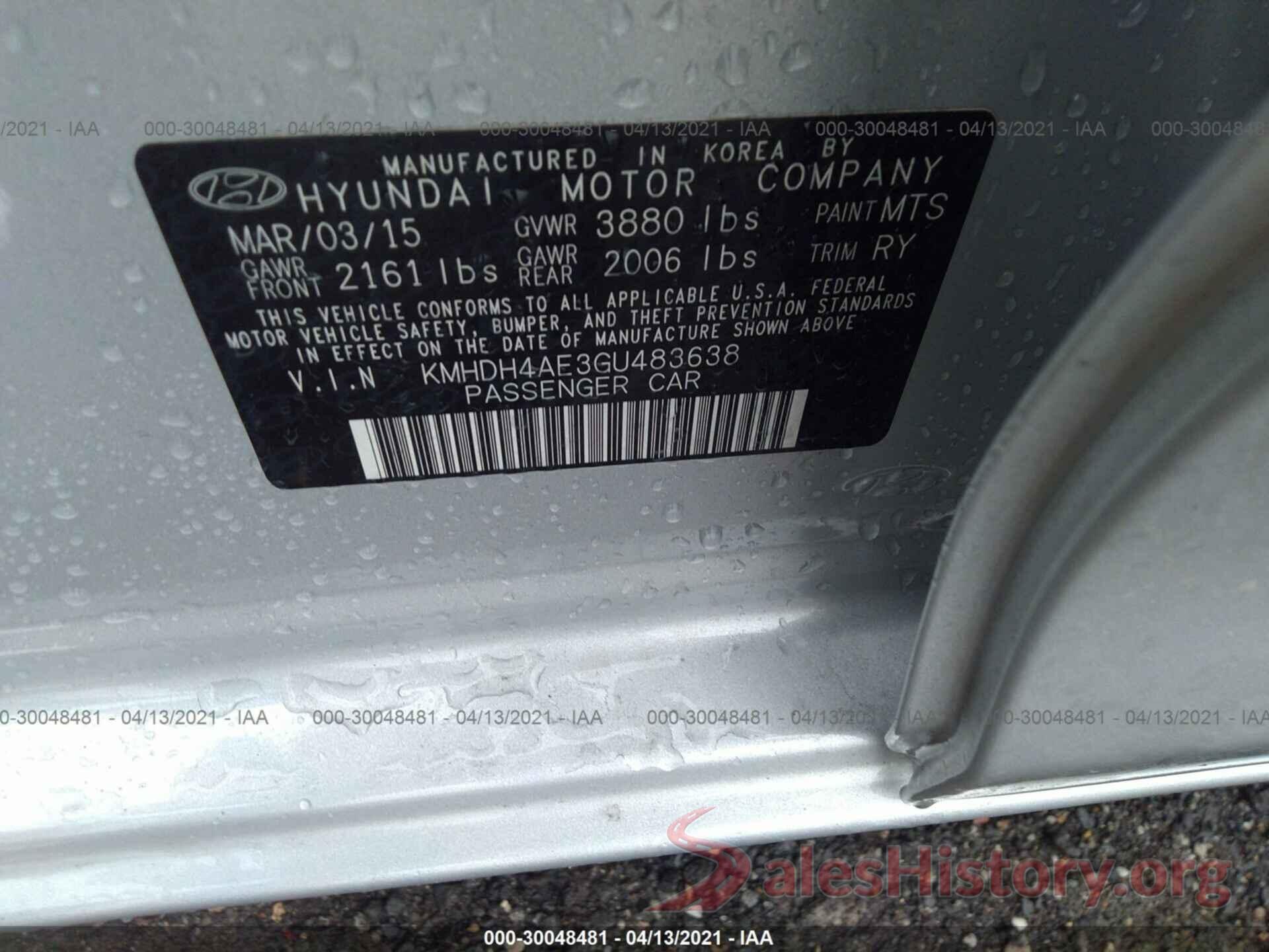 KMHDH4AE3GU483638 2016 HYUNDAI ELANTRA