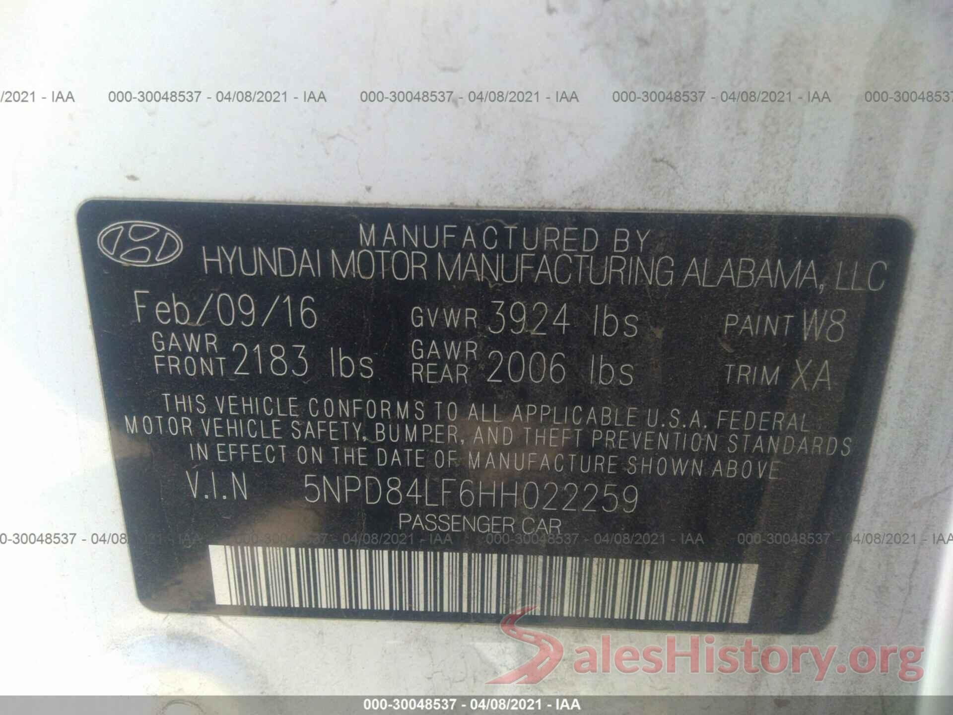 5NPD84LF6HH022259 2017 HYUNDAI ELANTRA