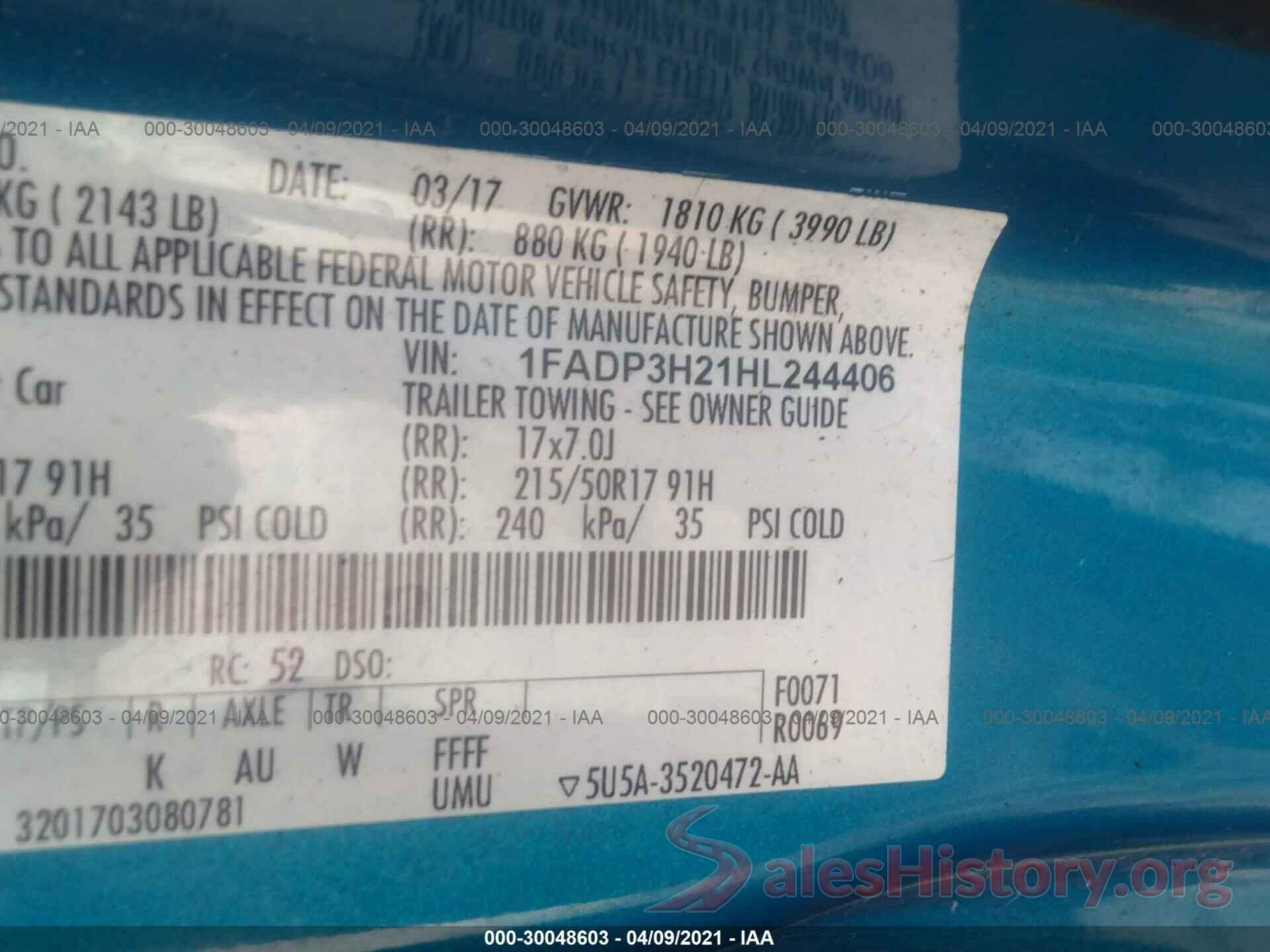 1FADP3H21HL244406 2017 FORD FOCUS