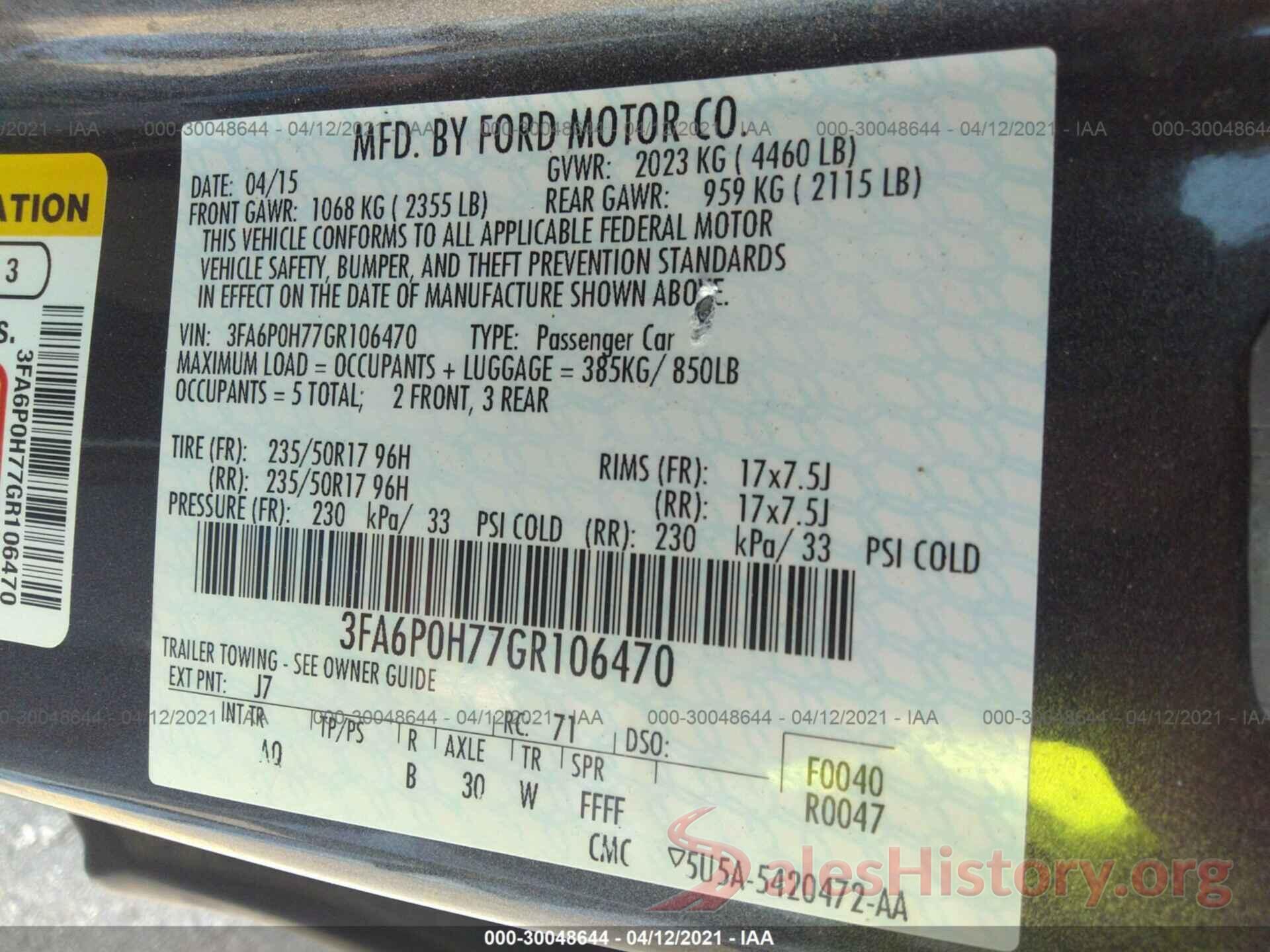 3FA6P0H77GR106470 2016 FORD FUSION