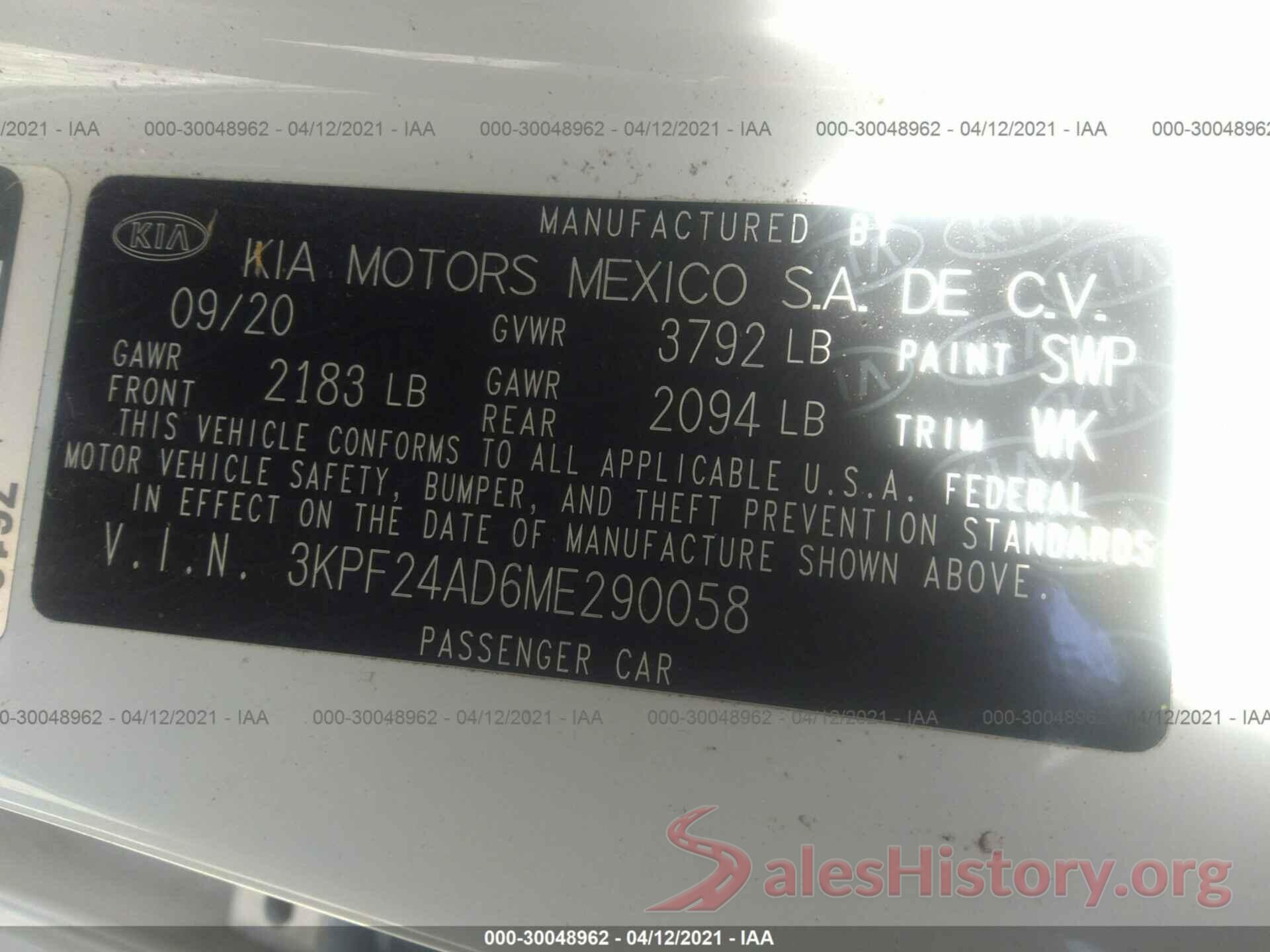 3KPF24AD6ME290058 2021 KIA FORTE