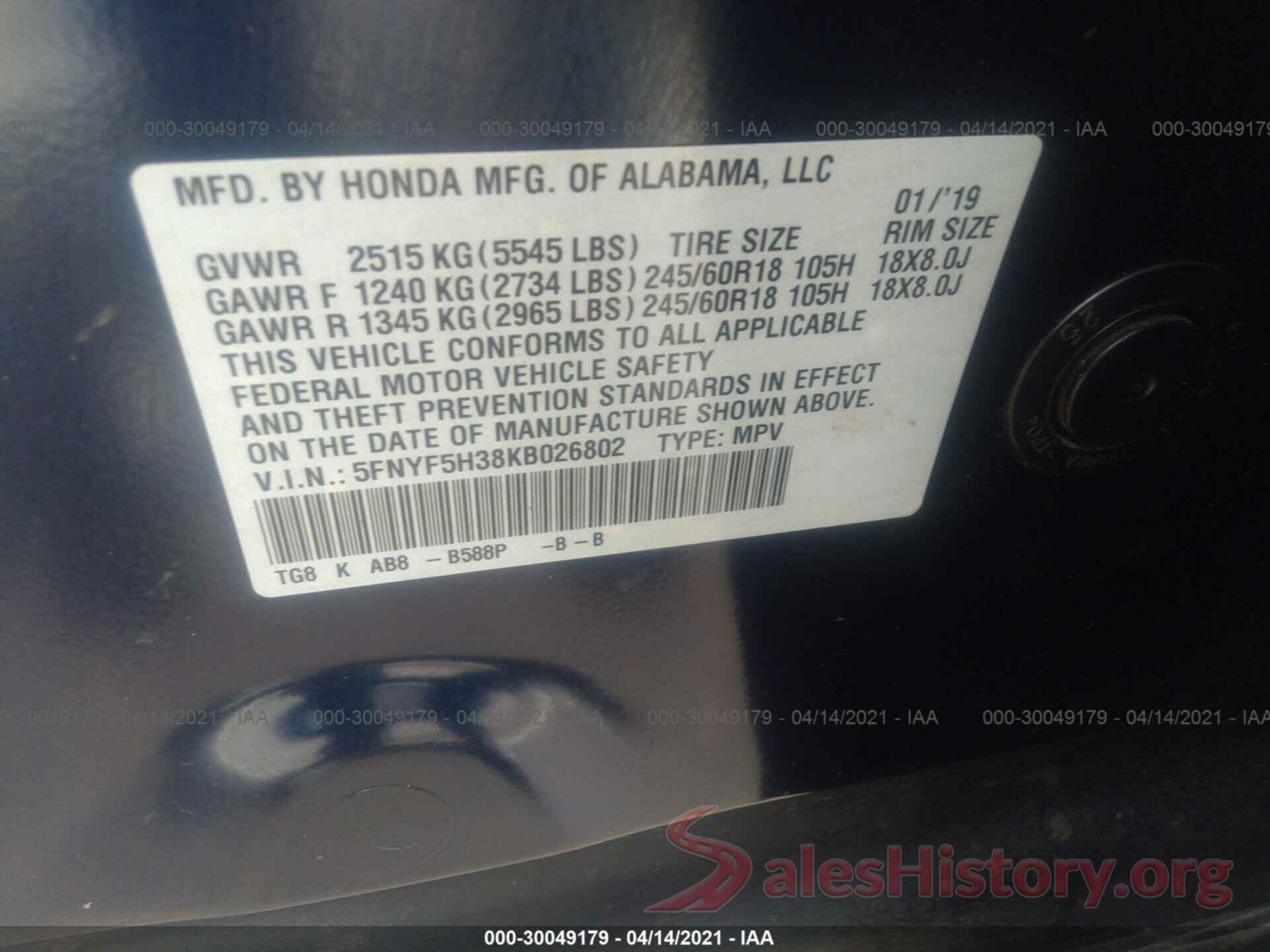 5FNYF5H38KB026802 2019 HONDA PILOT