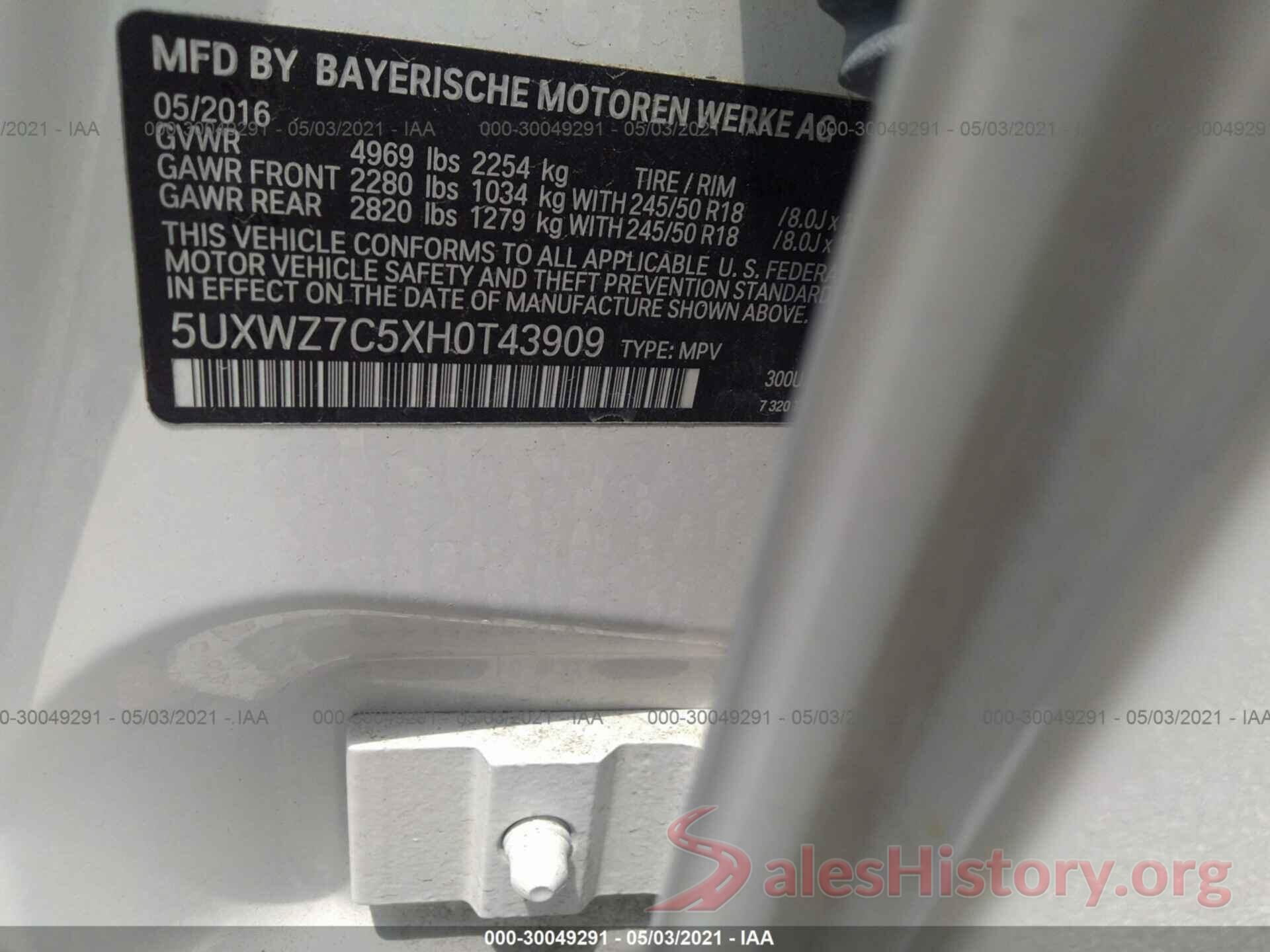 5UXWZ7C5XH0T43909 2017 BMW X3