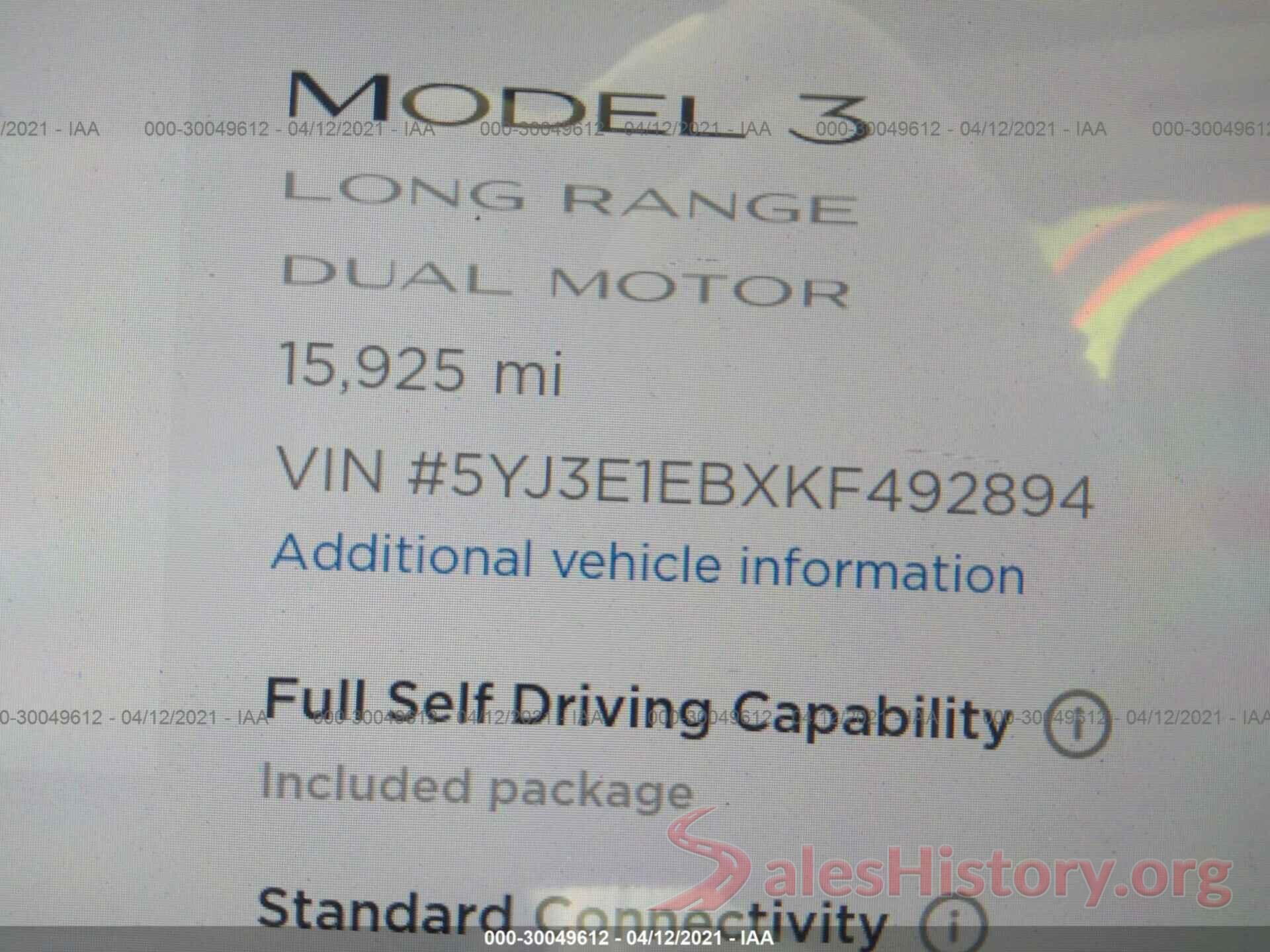 5YJ3E1EBXKF492894 2019 TESLA MODEL 3