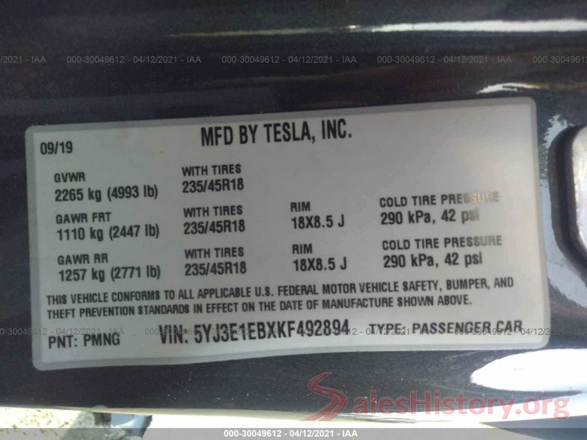 5YJ3E1EBXKF492894 2019 TESLA MODEL 3