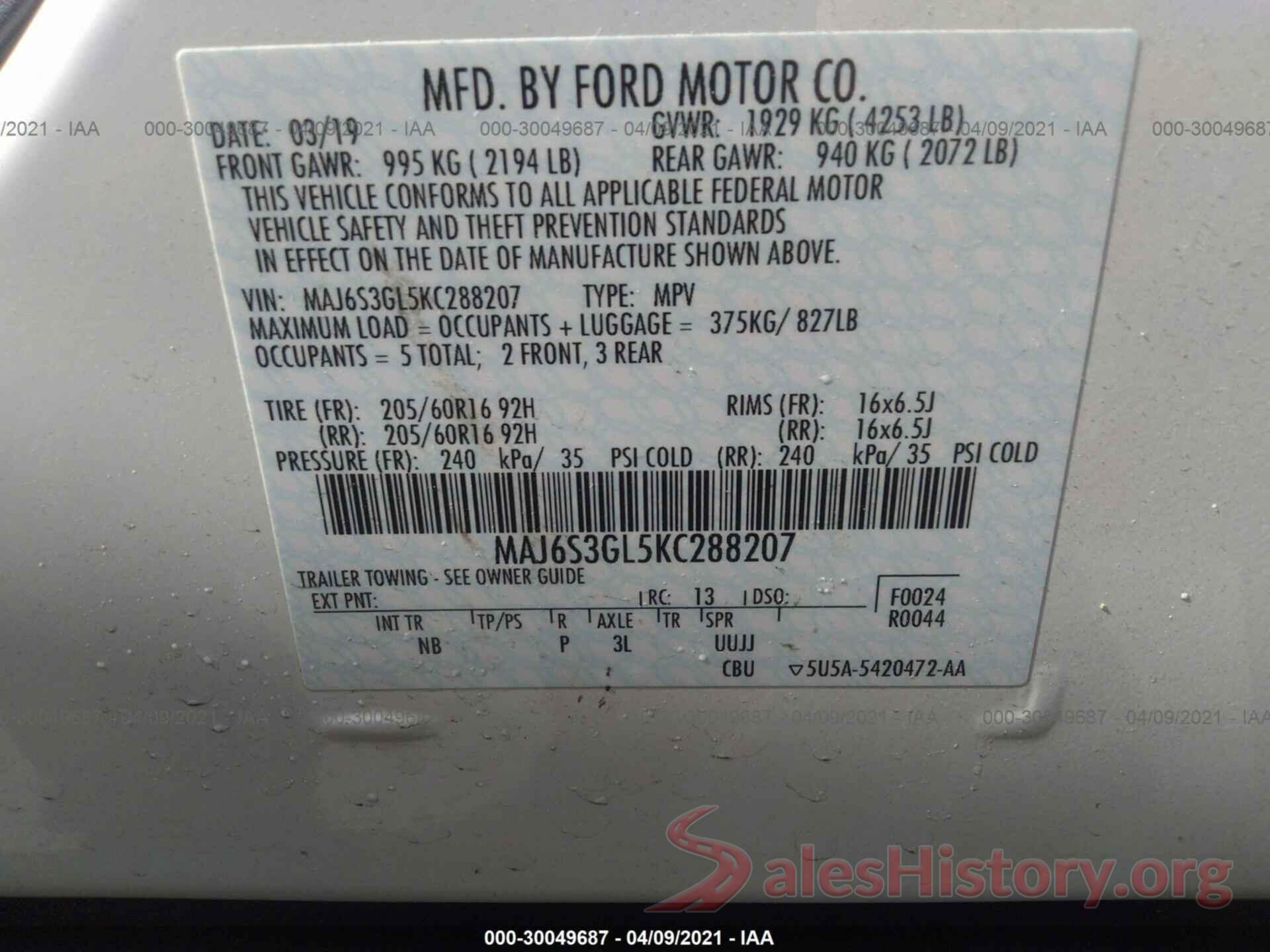 MAJ6S3GL5KC288207 2019 FORD ECOSPORT