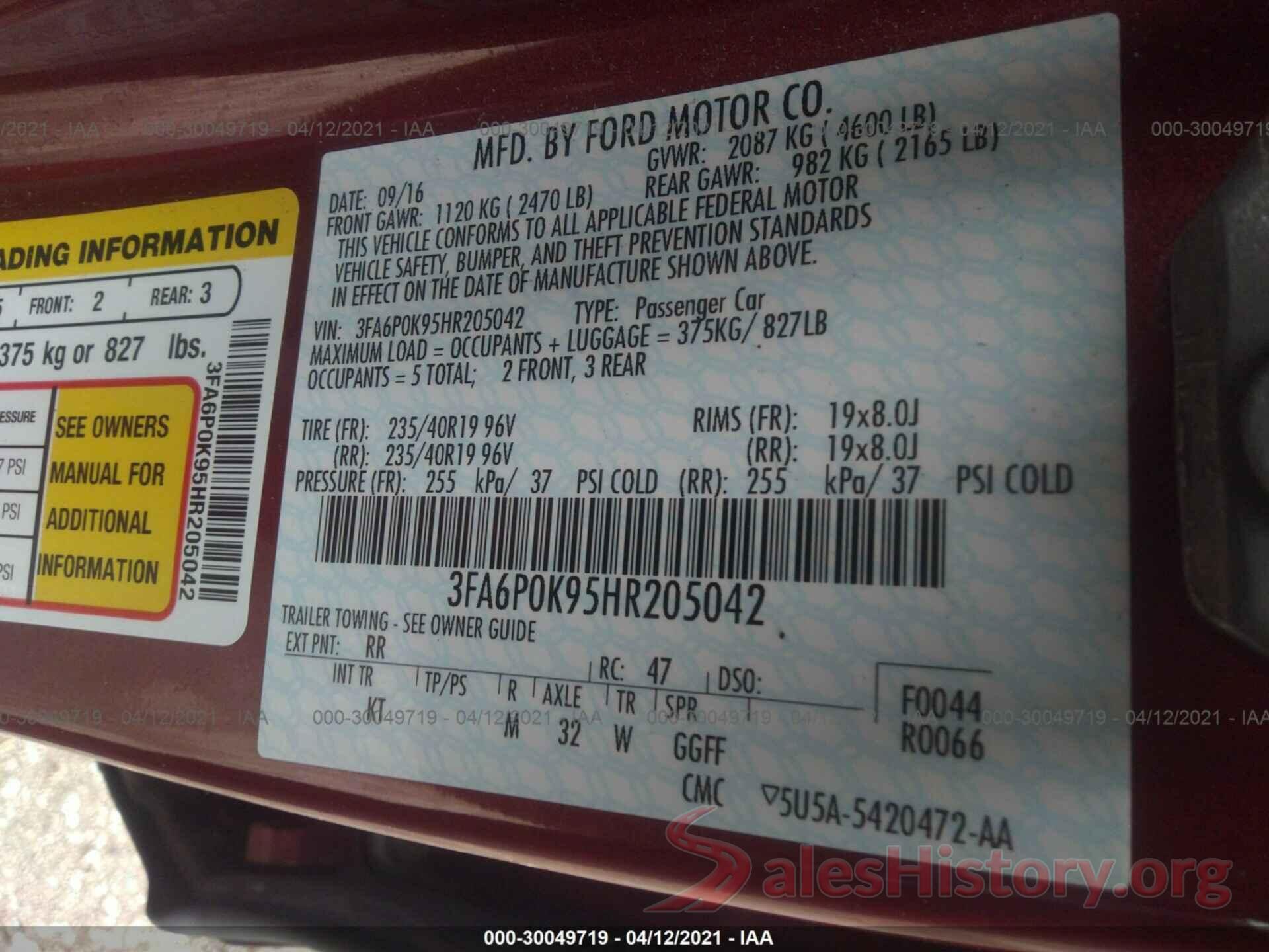 3FA6P0K95HR205042 2017 FORD FUSION