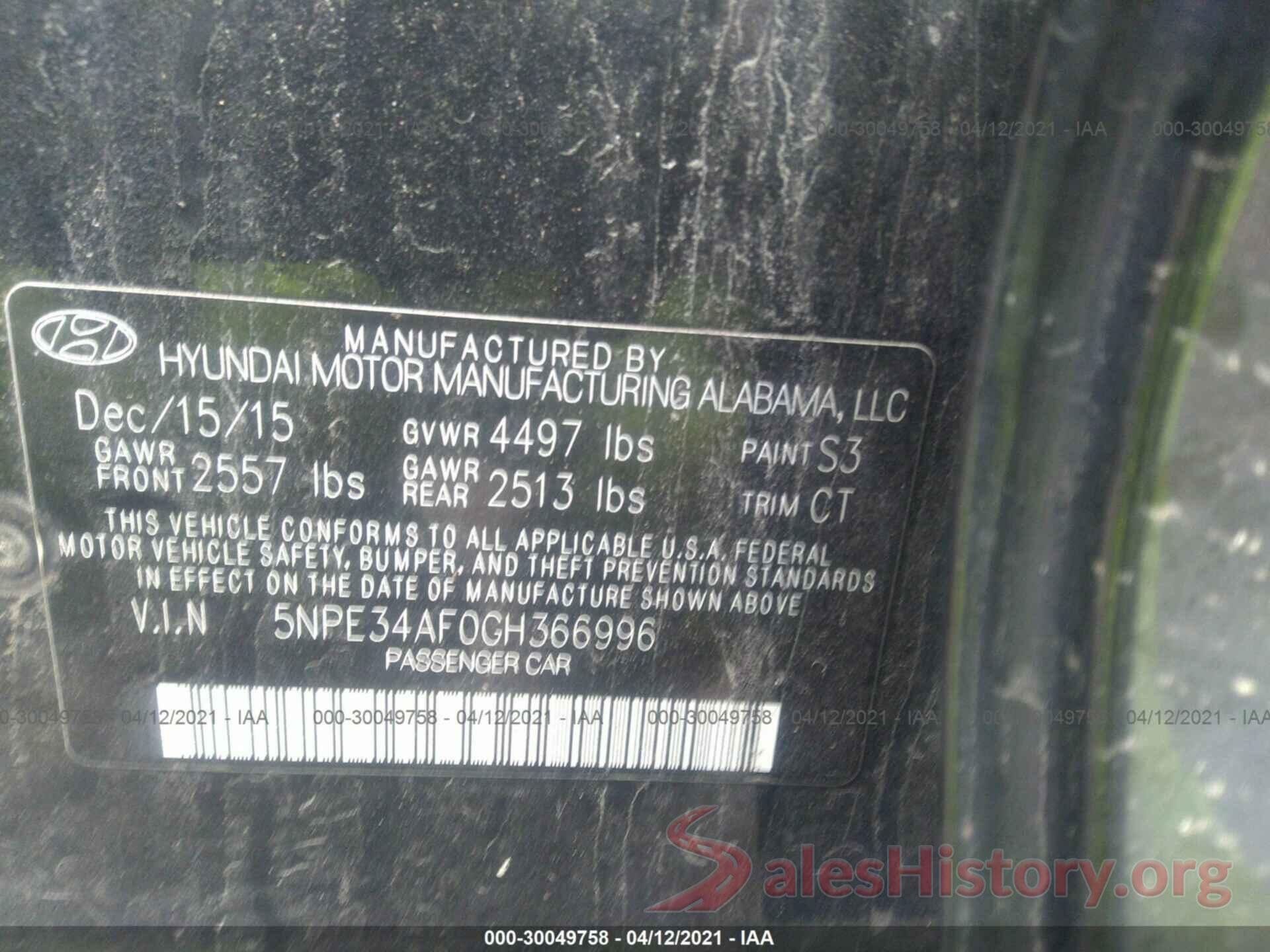 5NPE34AF0GH366996 2016 HYUNDAI SONATA