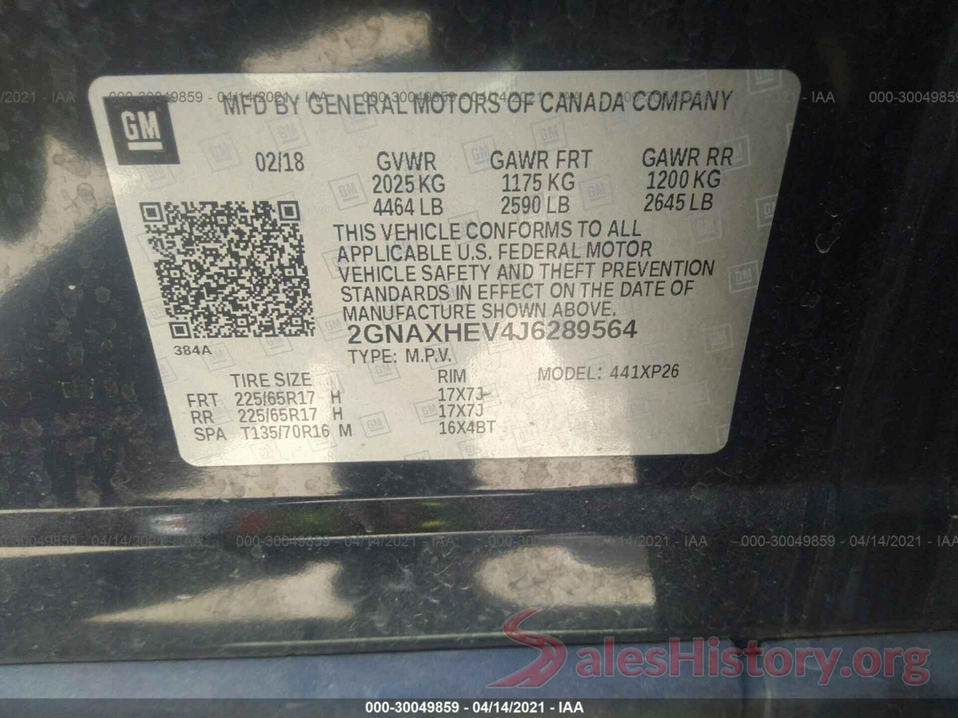 2GNAXHEV4J6289564 2018 CHEVROLET EQUINOX