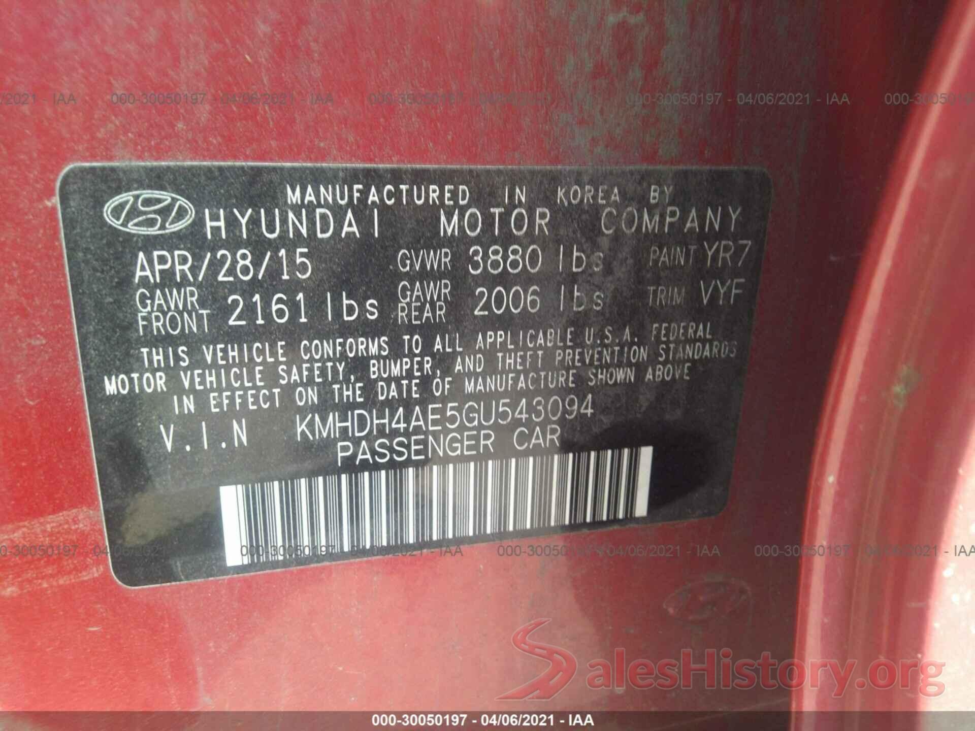 KMHDH4AE5GU543094 2016 HYUNDAI ELANTRA