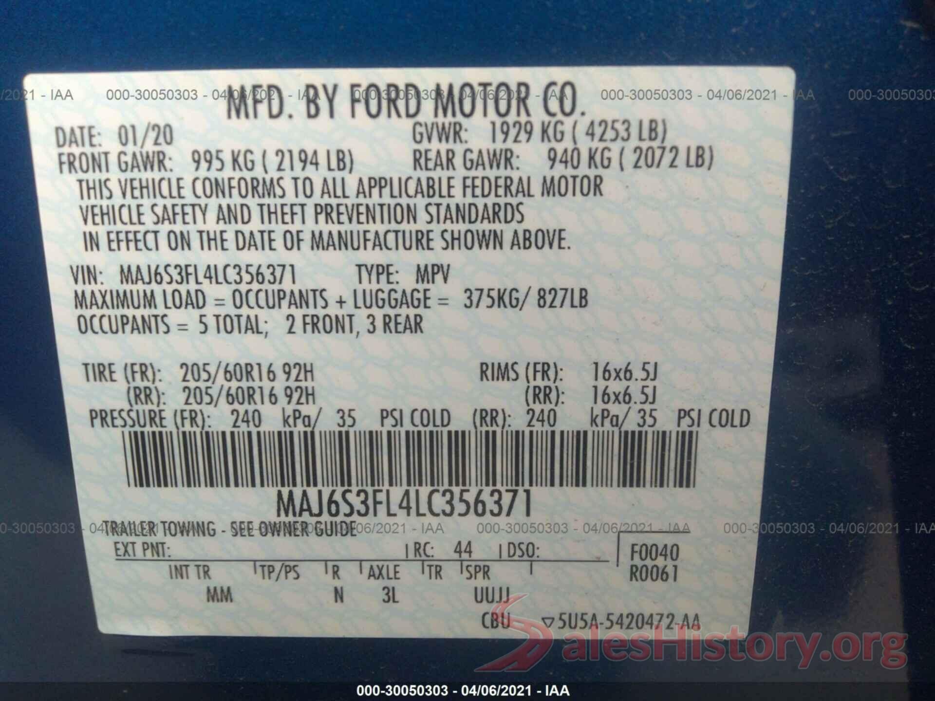 MAJ6S3FL4LC356371 2020 FORD ECOSPORT