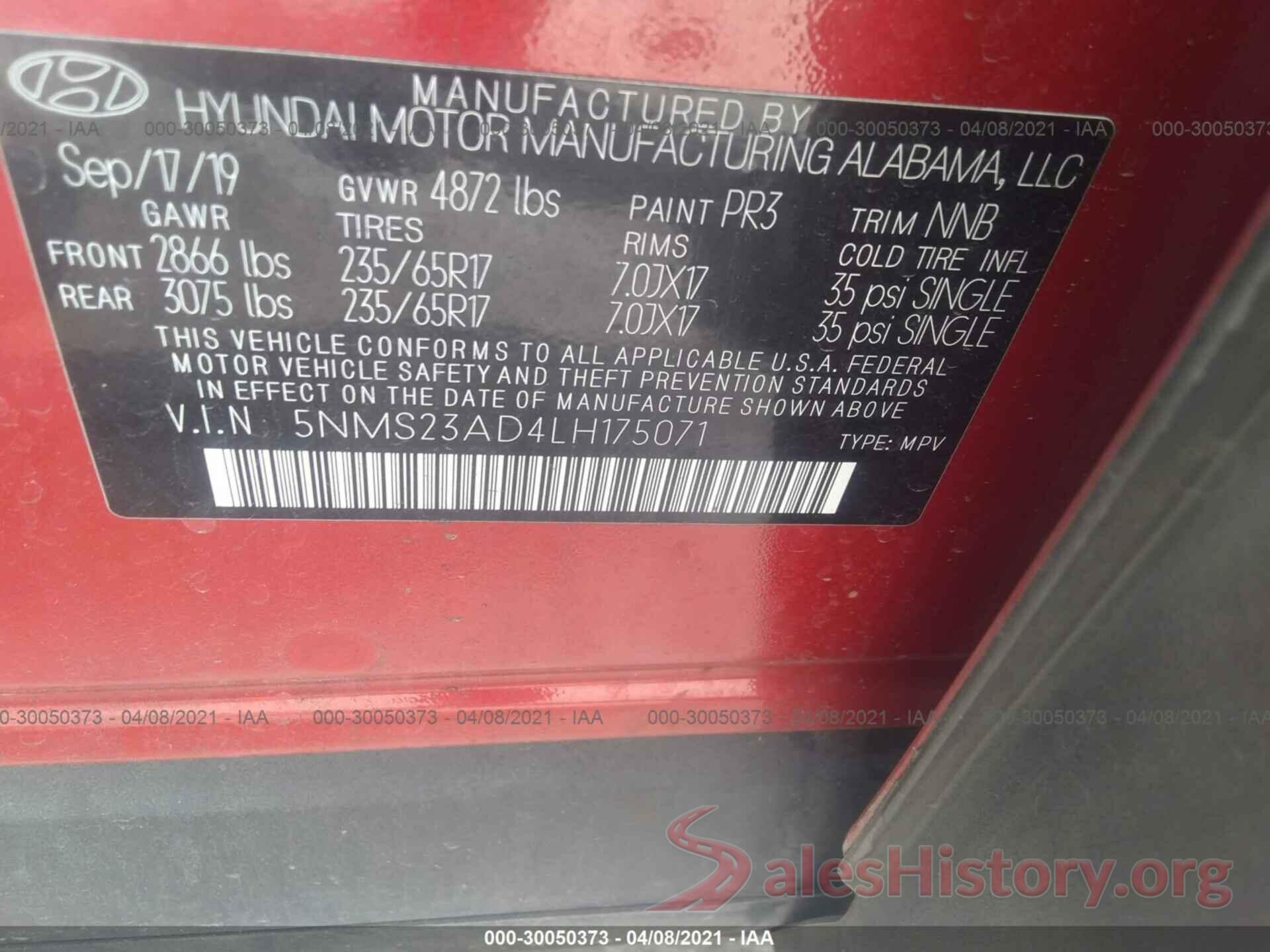 5NMS23AD4LH175071 2020 HYUNDAI SANTA FE