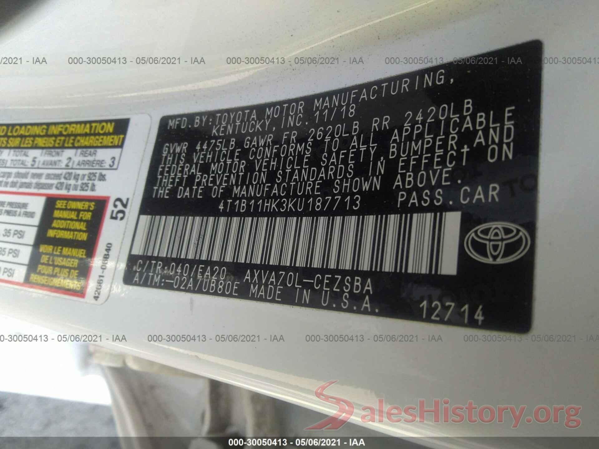 4T1B11HK3KU187713 2019 TOYOTA CAMRY