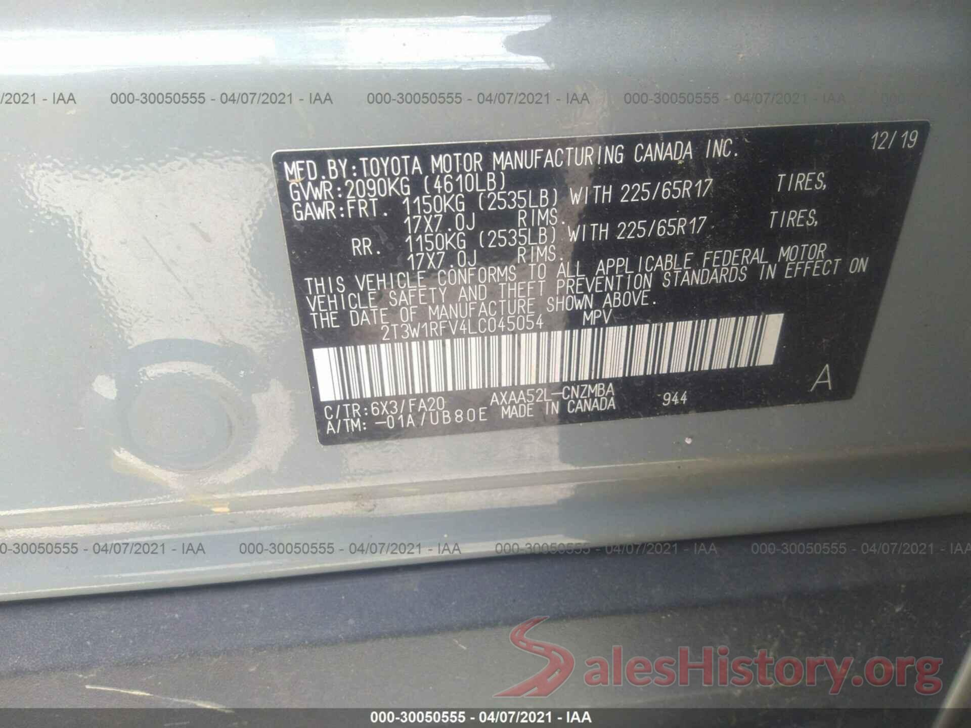 2T3W1RFV4LC045054 2020 TOYOTA RAV4