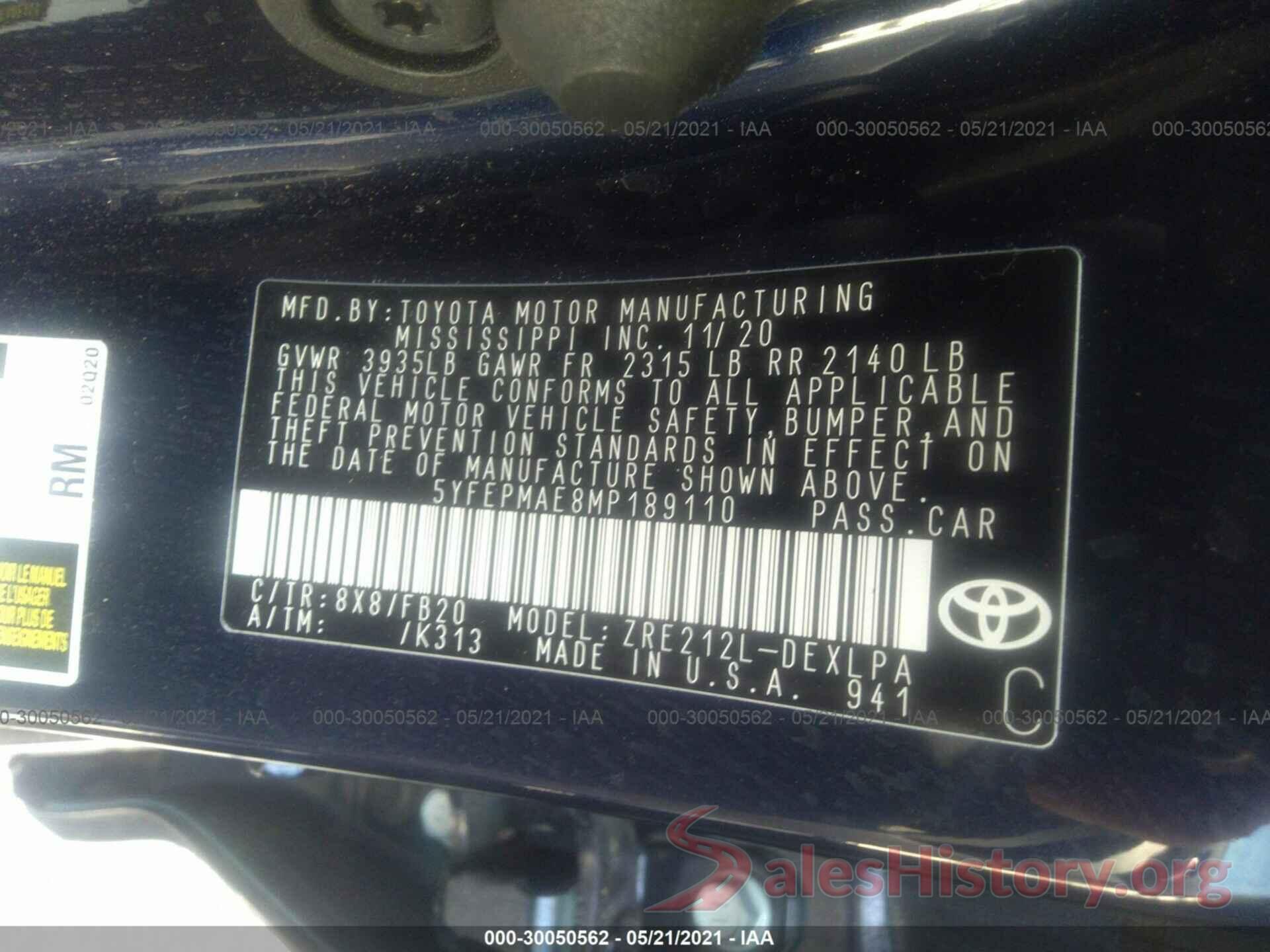 5YFEPMAE8MP189110 2021 TOYOTA COROLLA